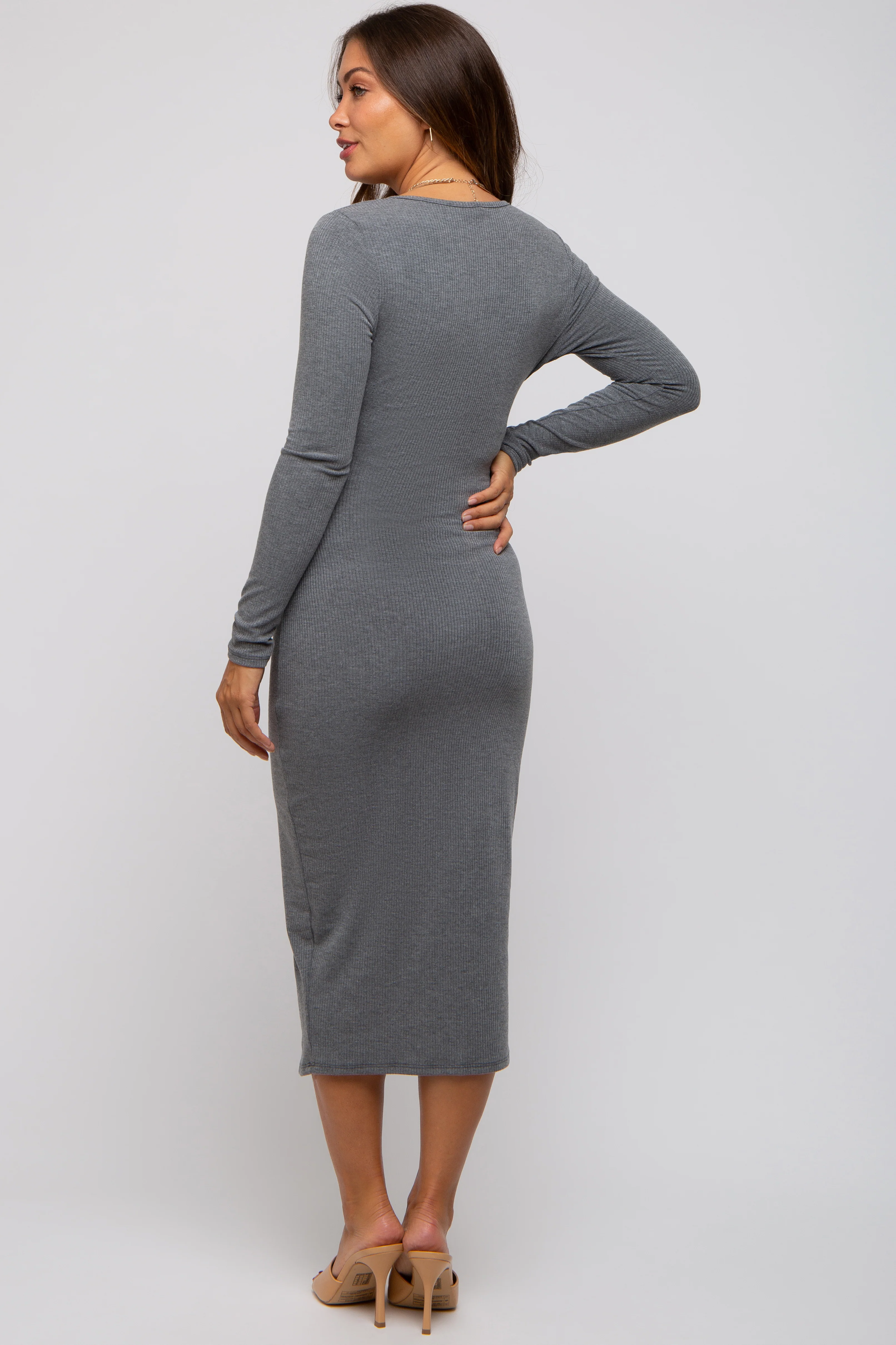 Grey Ribbed Long Sleeve Maternity Wrap Dress - Image 4