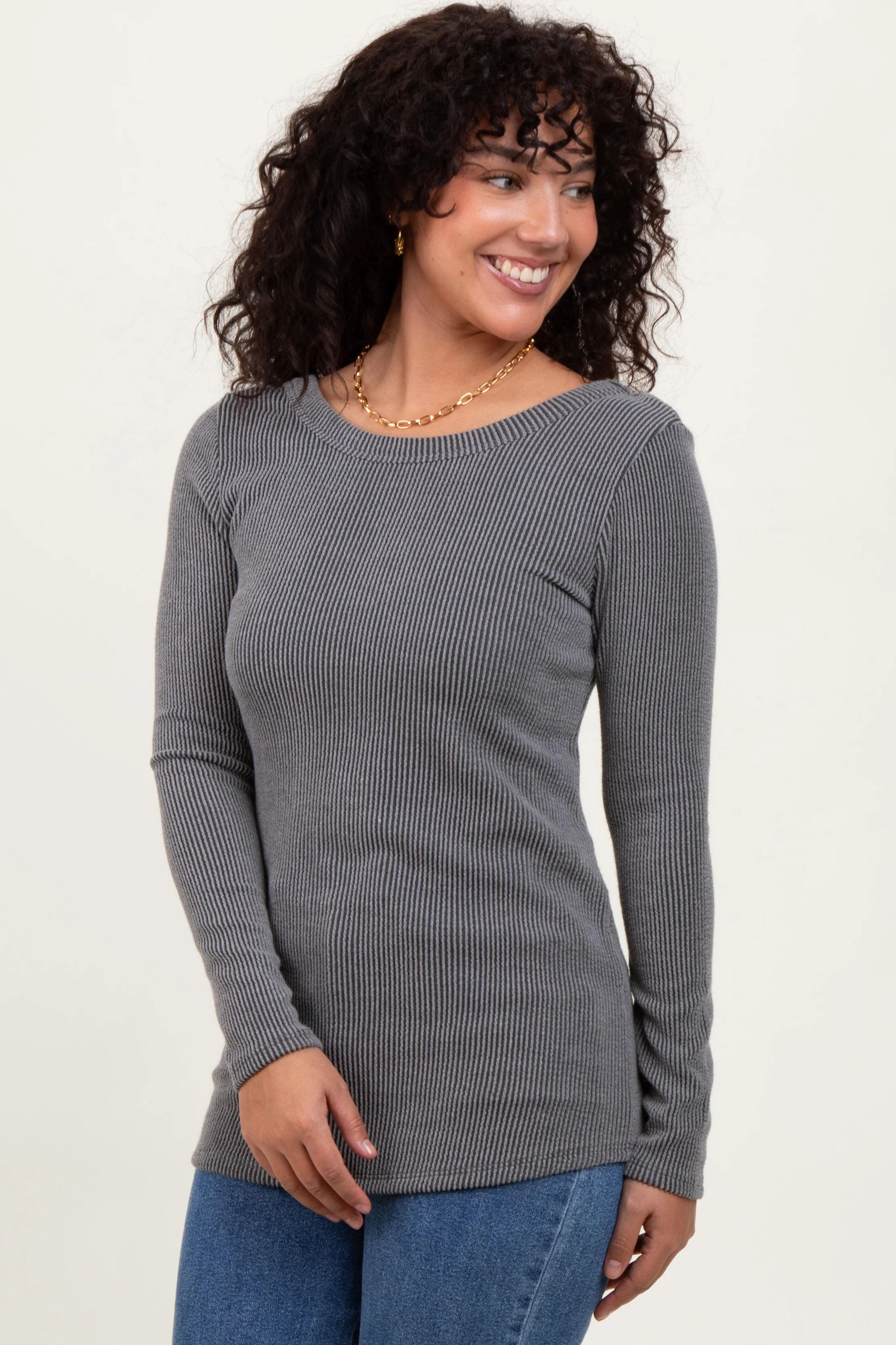 Grey Ribbed Scoop Neck Long Sleeve Top - Image 3