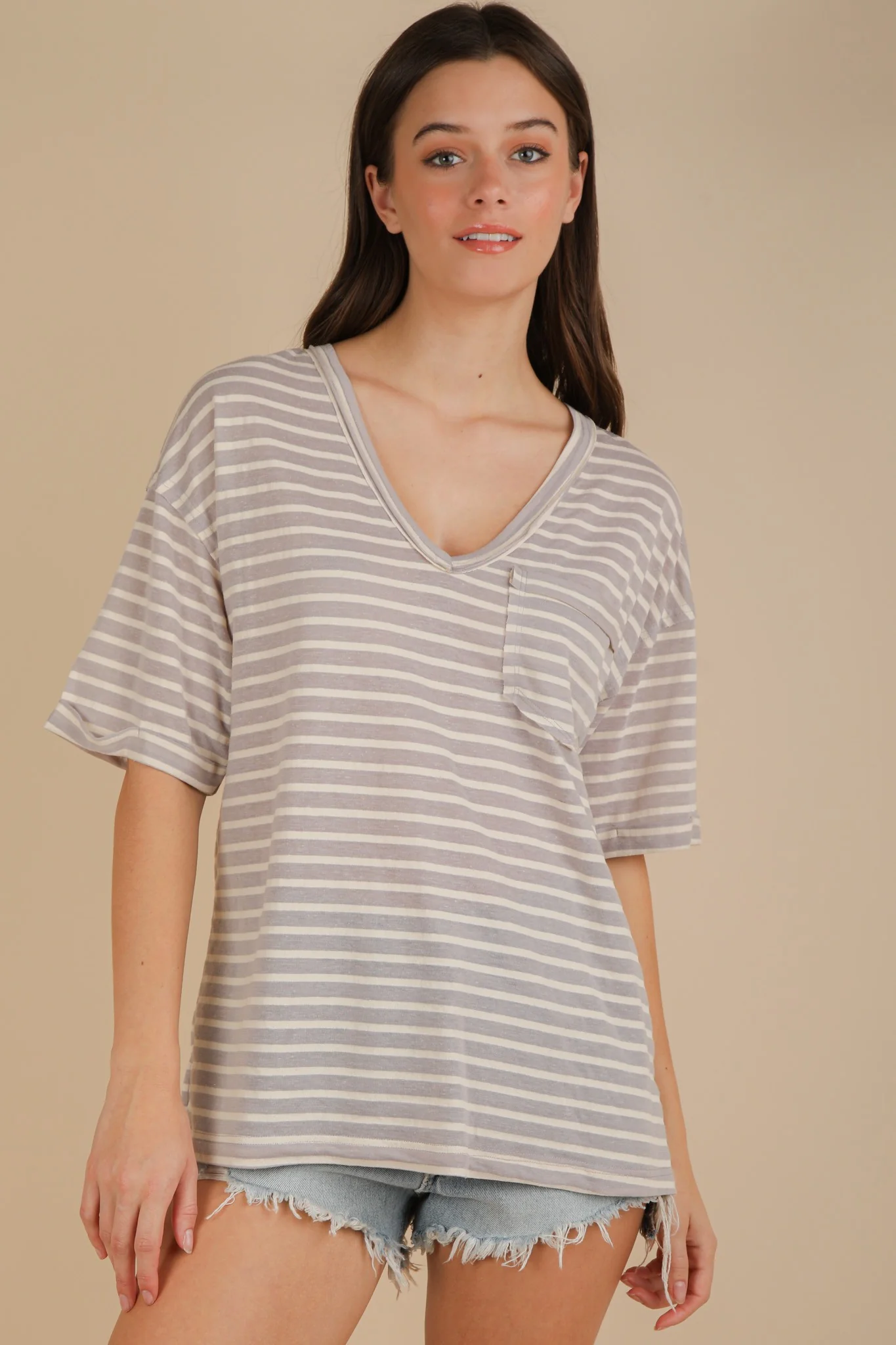 Grey Striped Oversized V-Neck Front Pocket Maternity T-Shirt - Image 4