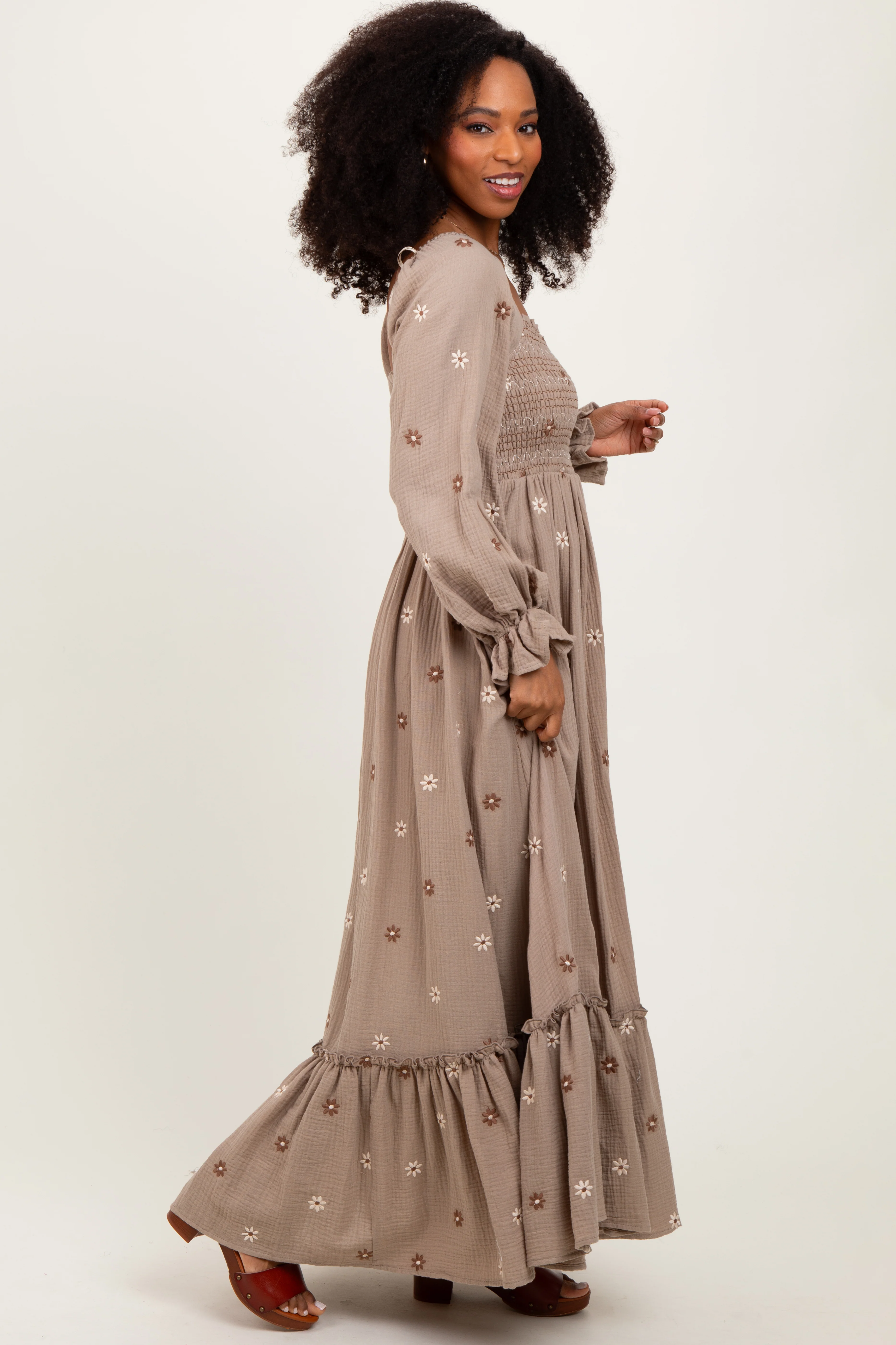 Grey Taupe Long Sleeve Floral Accent Dress - Image 2