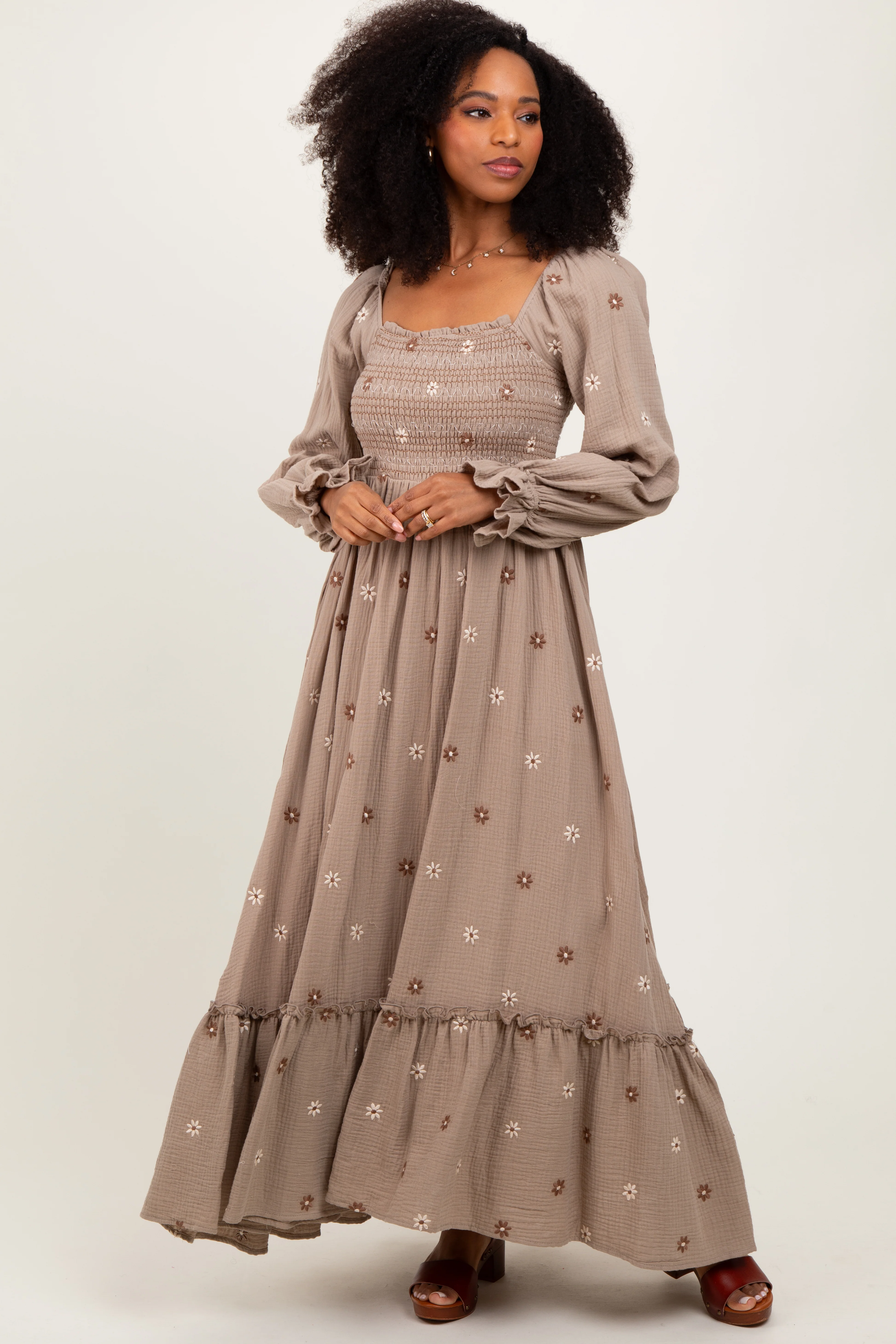 Grey Taupe Long Sleeve Floral Accent Maternity Dress - Image 4