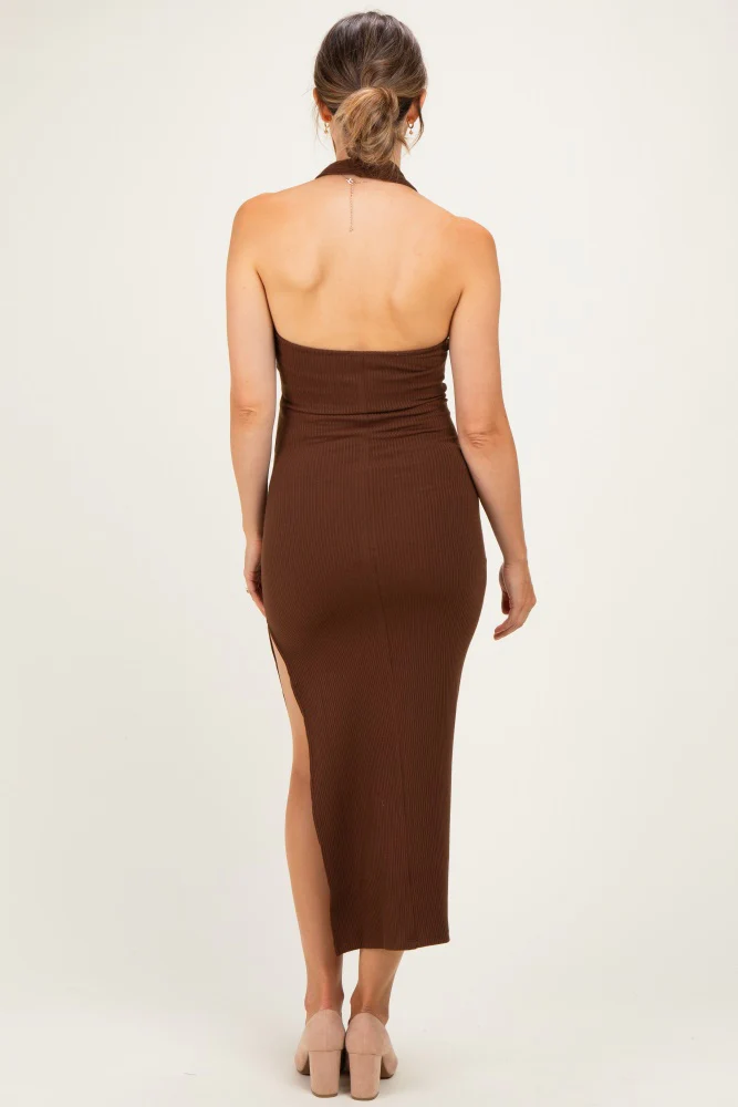 Hazel Knit Halter Gold Ring Maternity Maxi Dress - Image 2