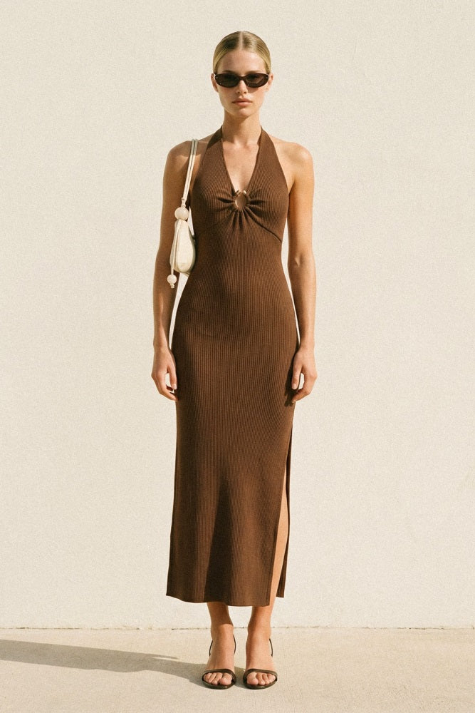 Hazel Knit Halter Gold Ring Maternity Maxi Dress - Image 3