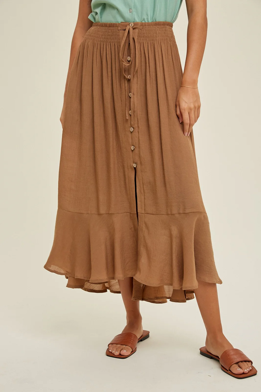 Hazelnut Button-Up Midi Skirt With Drawstring - Image 2