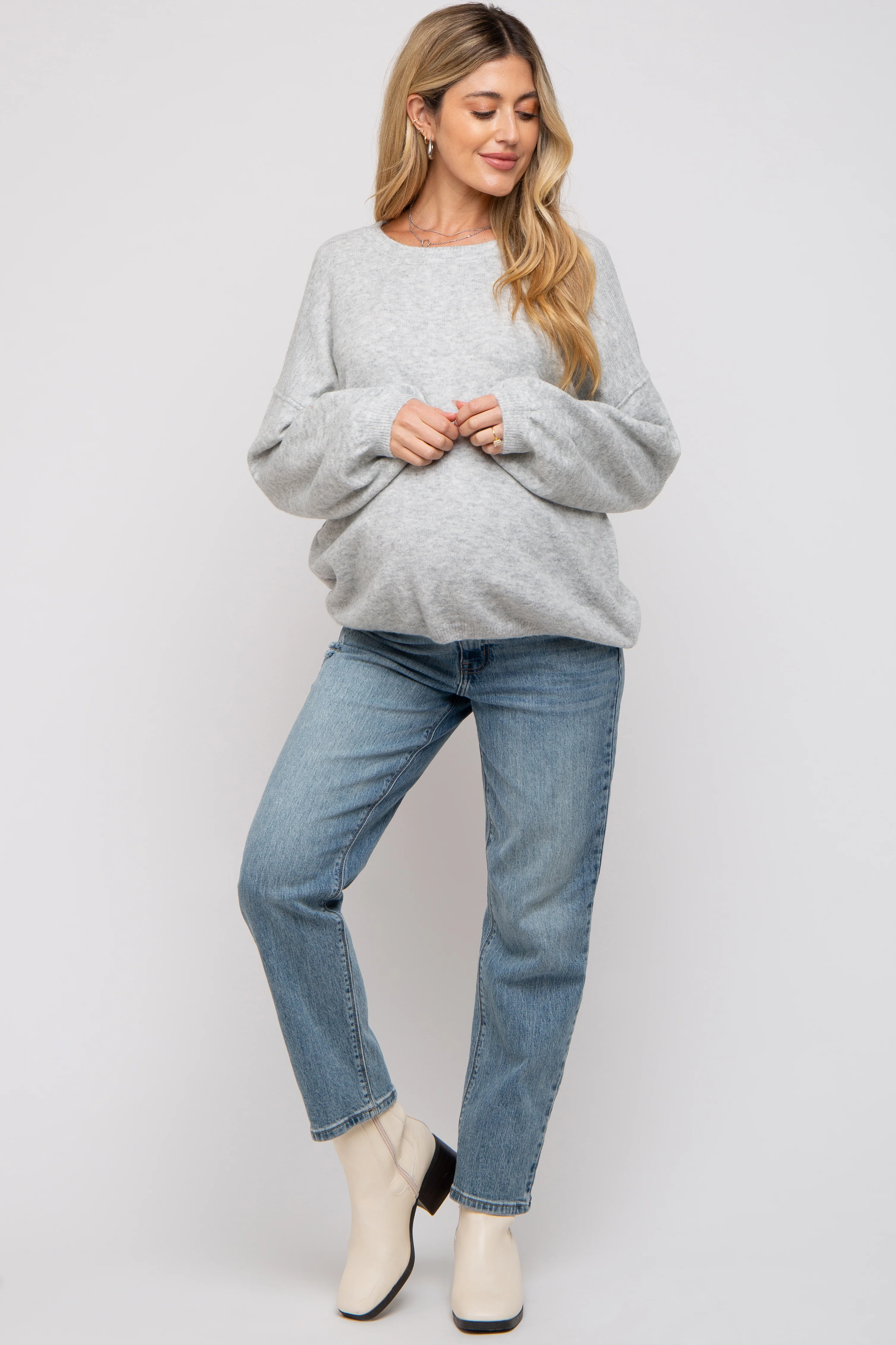 Heather Grey Basic Drop Shoulder Maternity Sweater - Image 4