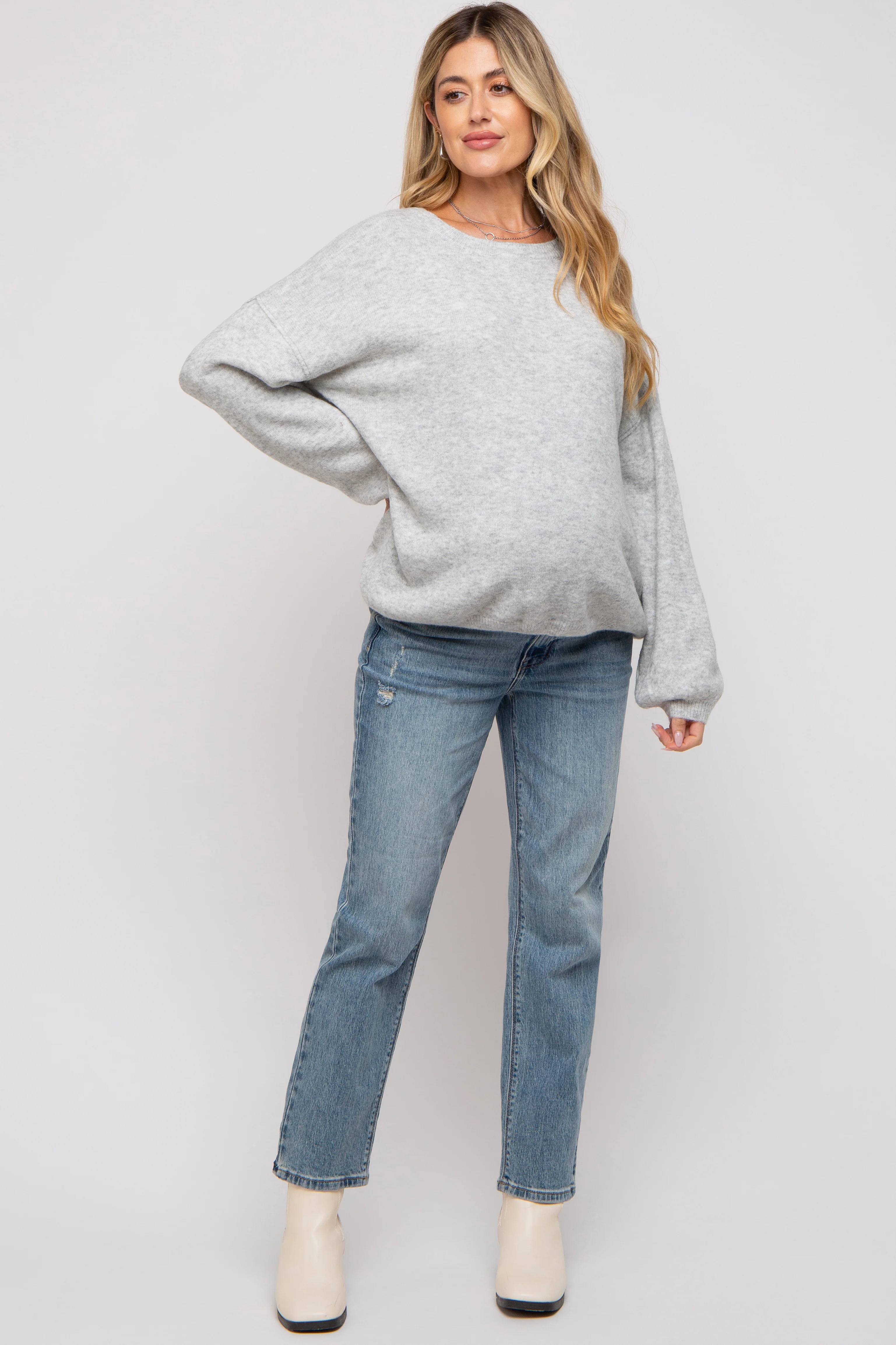 Heather Grey Basic Drop Shoulder Maternity Sweater - Image 5