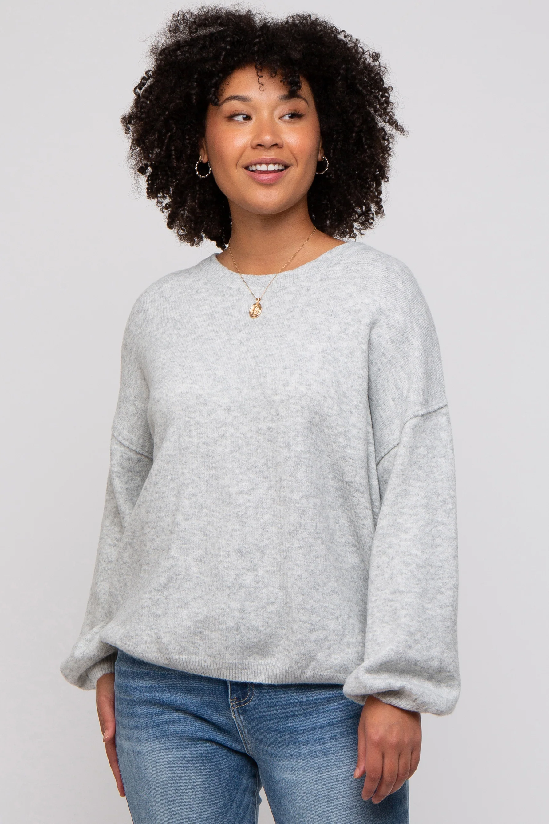 Heather Grey Basic Drop Shoulder Maternity Sweater - Image 7