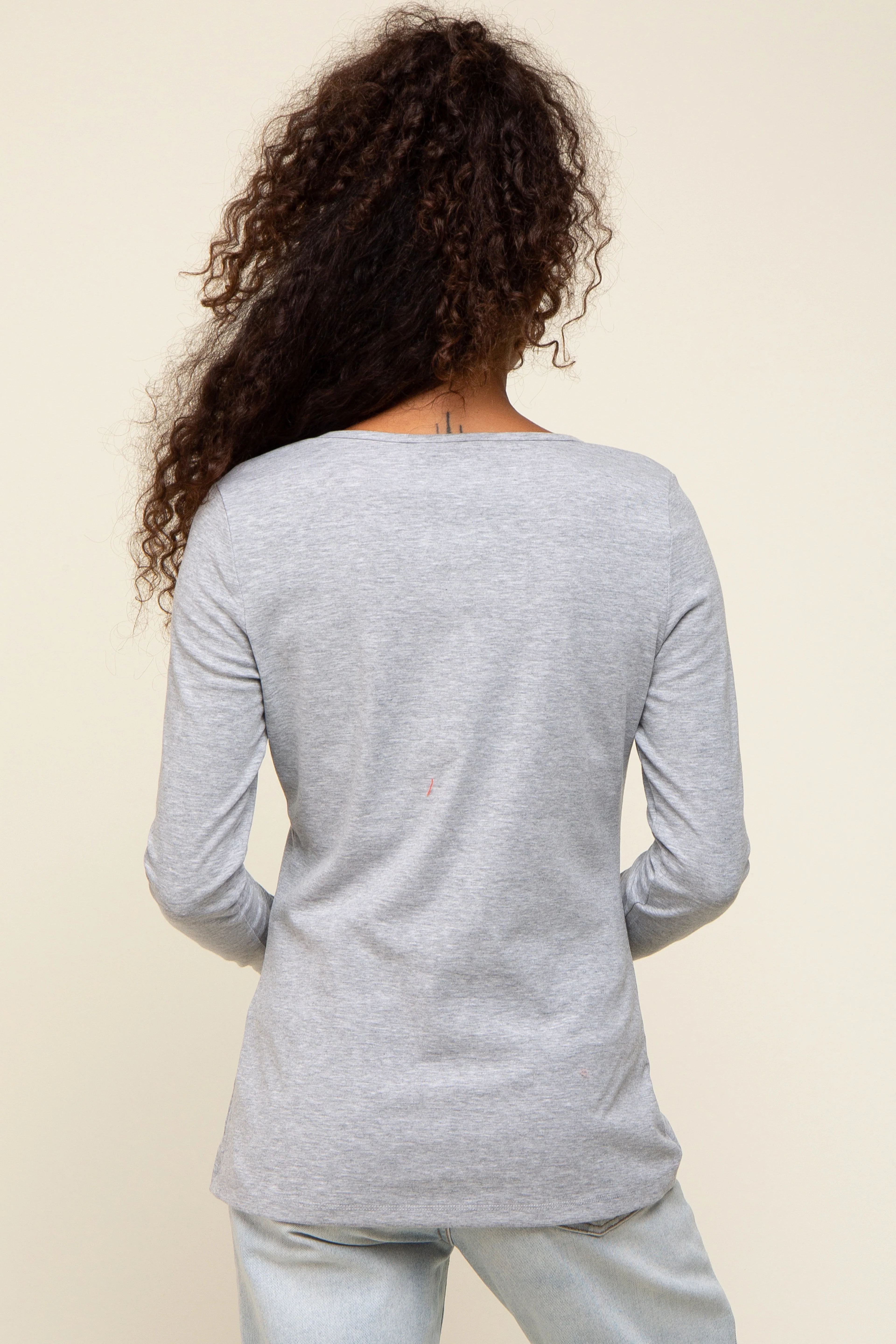 Heather Grey Button Front Long Sleeve Top - Image 3