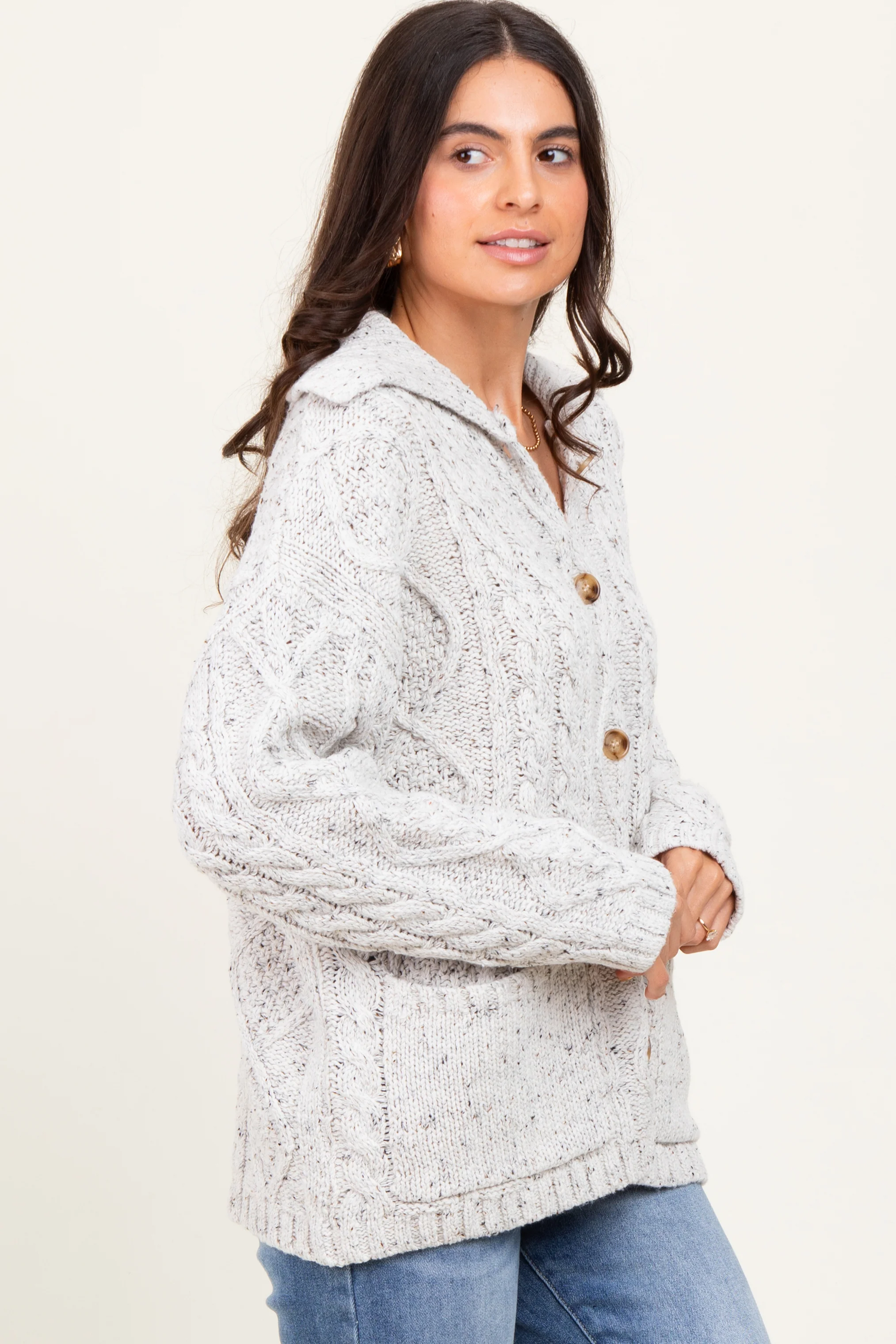 Heather Grey Cable Knit Collared Button Up Cardigan - Image 3