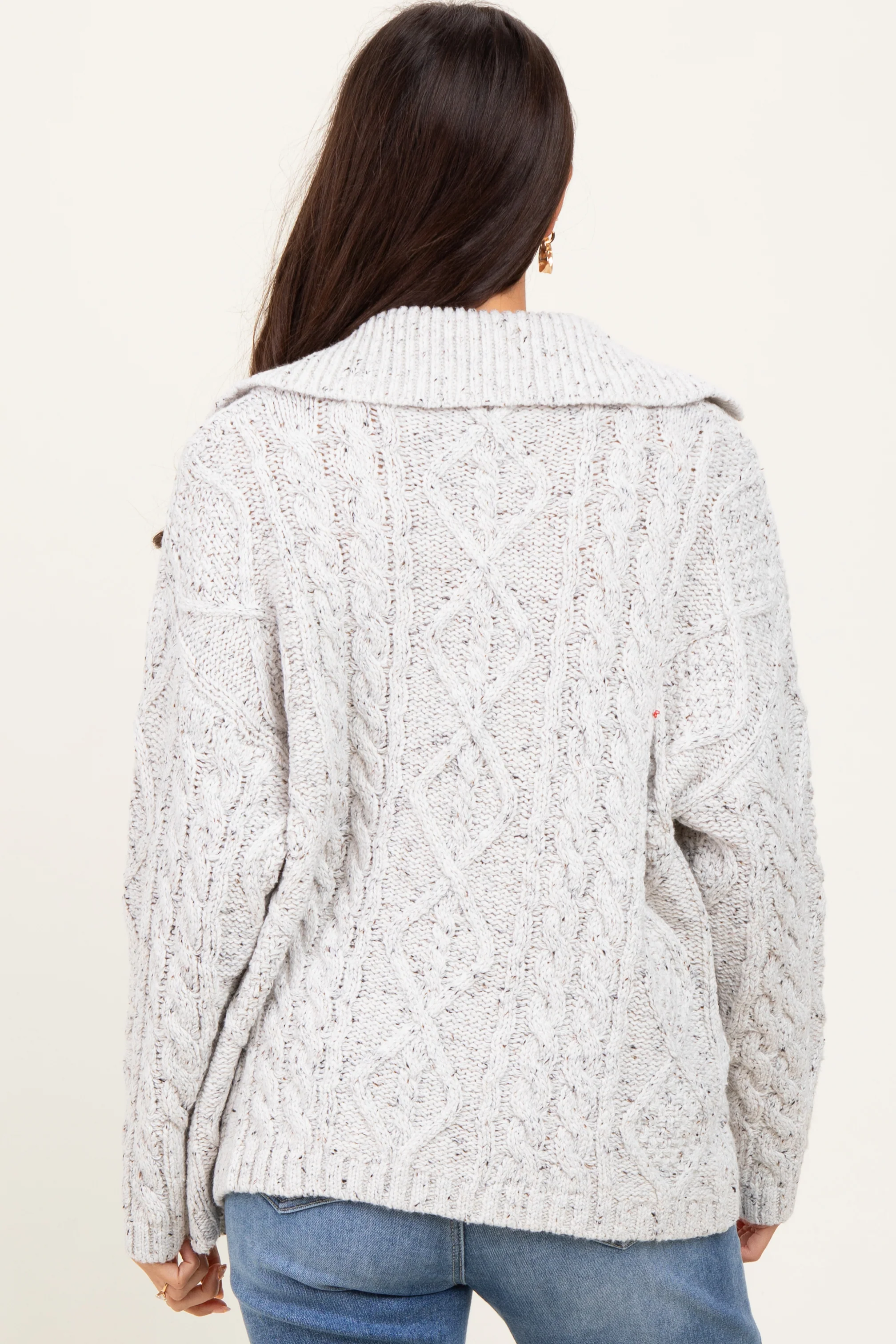 Heather Grey Cable Knit Collared Button Up Cardigan - Image 4
