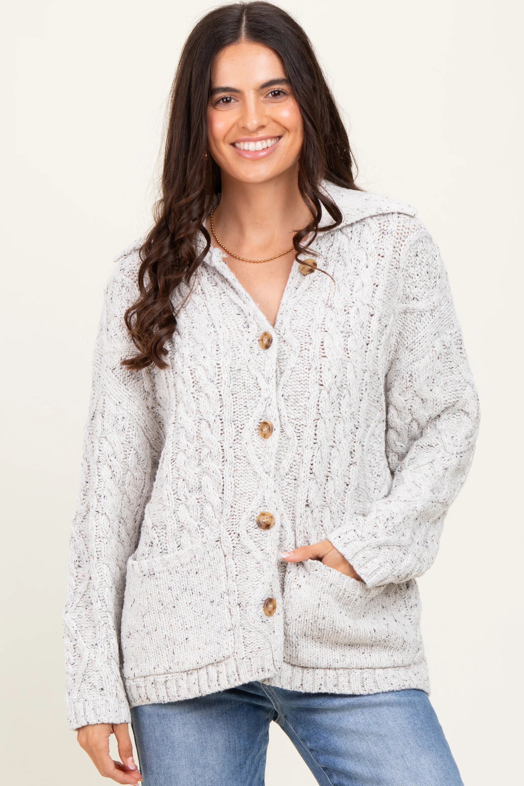 Heather Grey Cable Knit Collared Maternity Button Up Cardigan - Image 6
