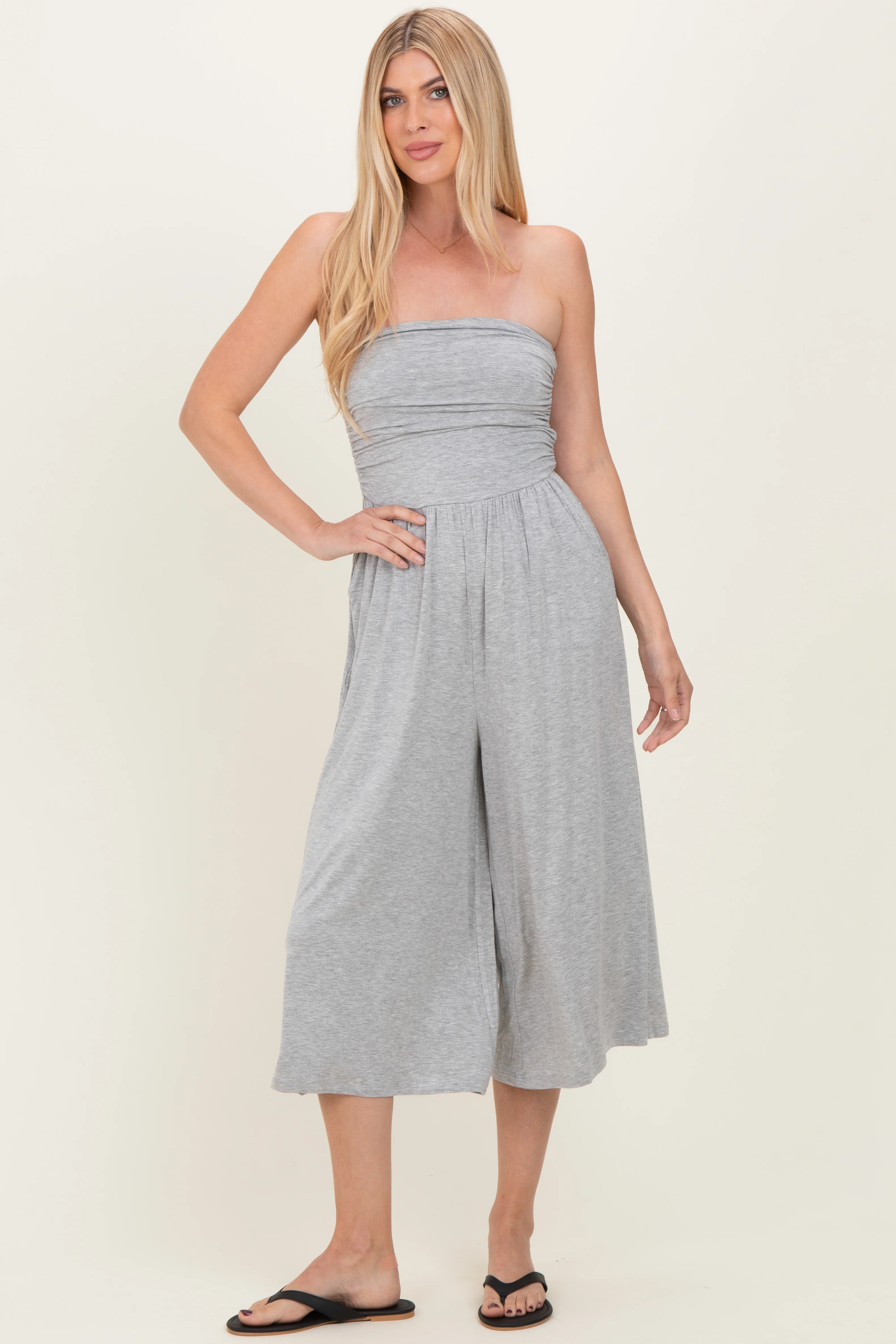 Heather Grey Double Layered Strapless Tube Top Maternity Jumpsuit - Image 4