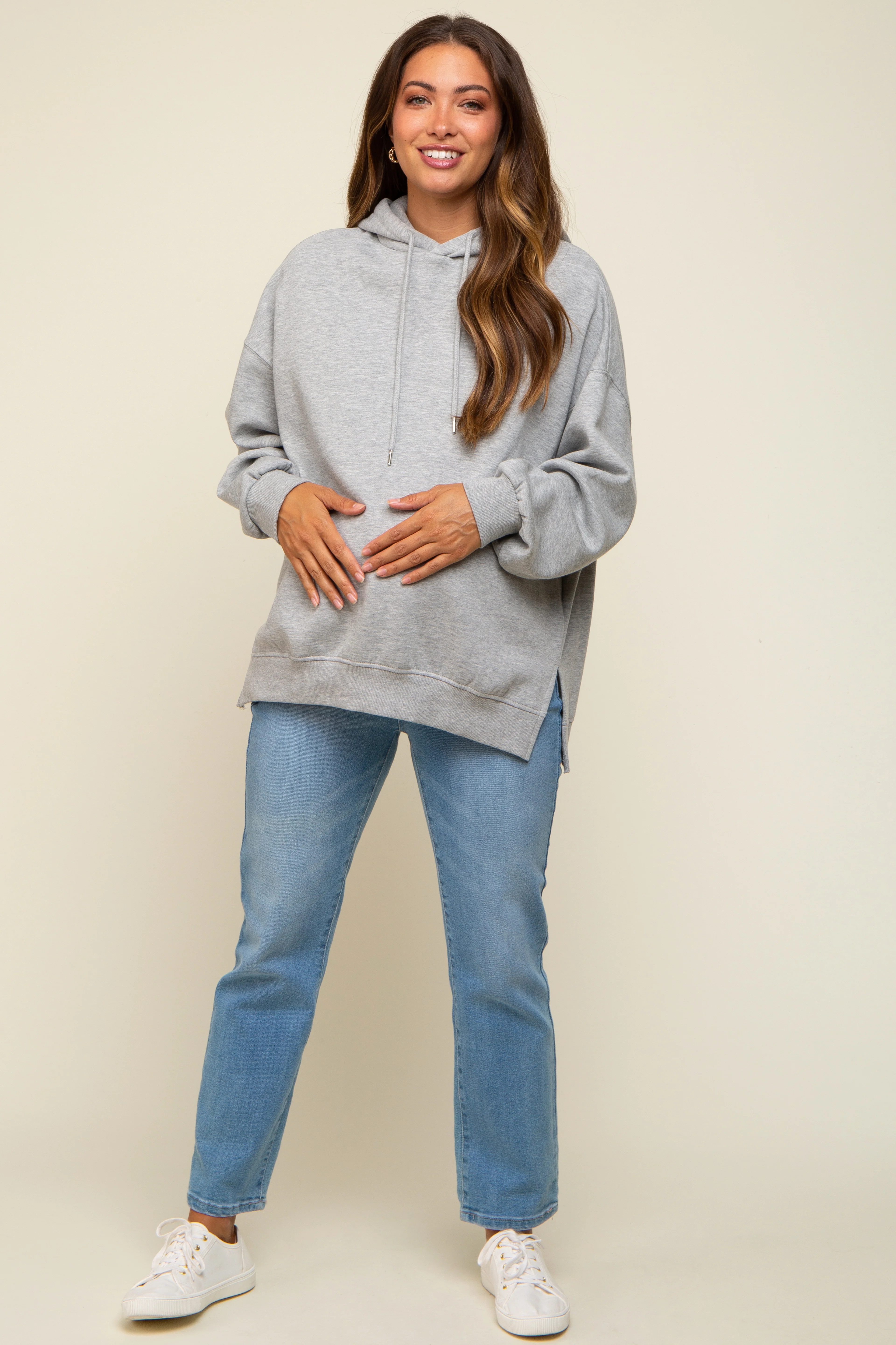 Heather Grey Drawstring Maternity Hoodie - Image 5