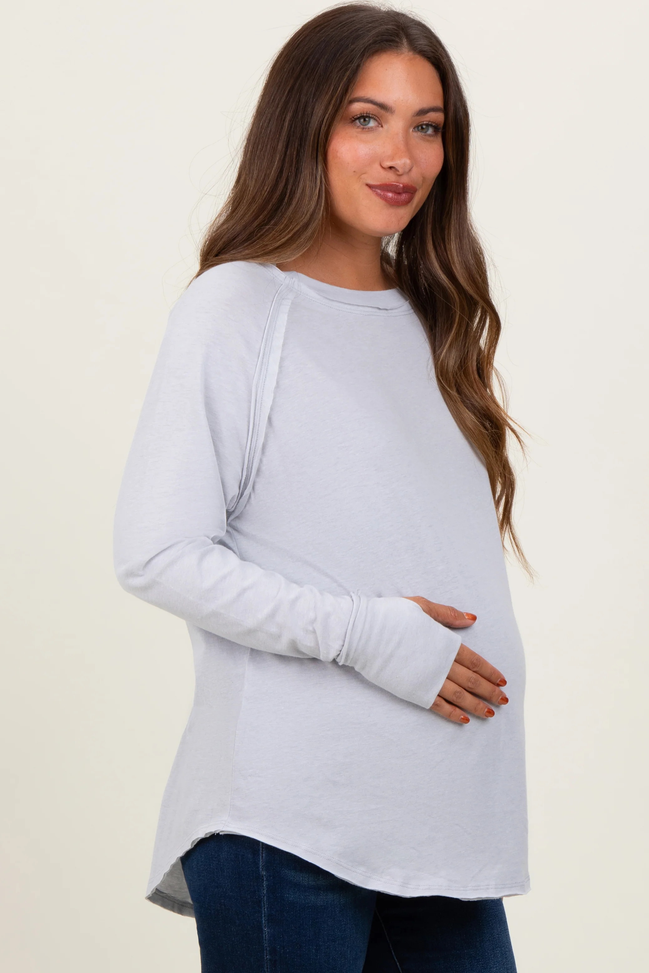 Heather Grey Exposed Seam Long Sleeve Maternity Top - Image 3