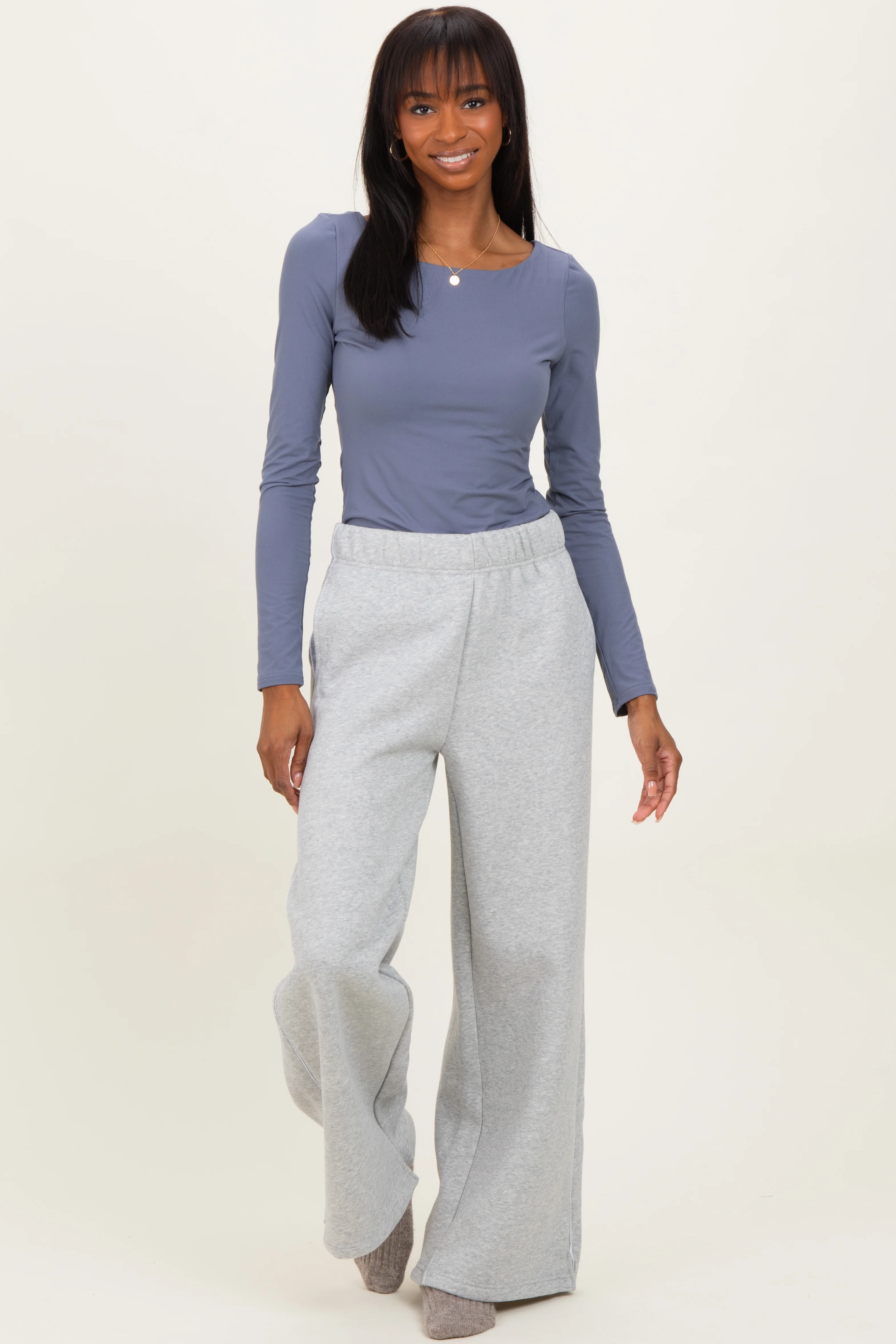 Heather Grey Fleece Wide Leg Maternity Sweatpants - Image 6