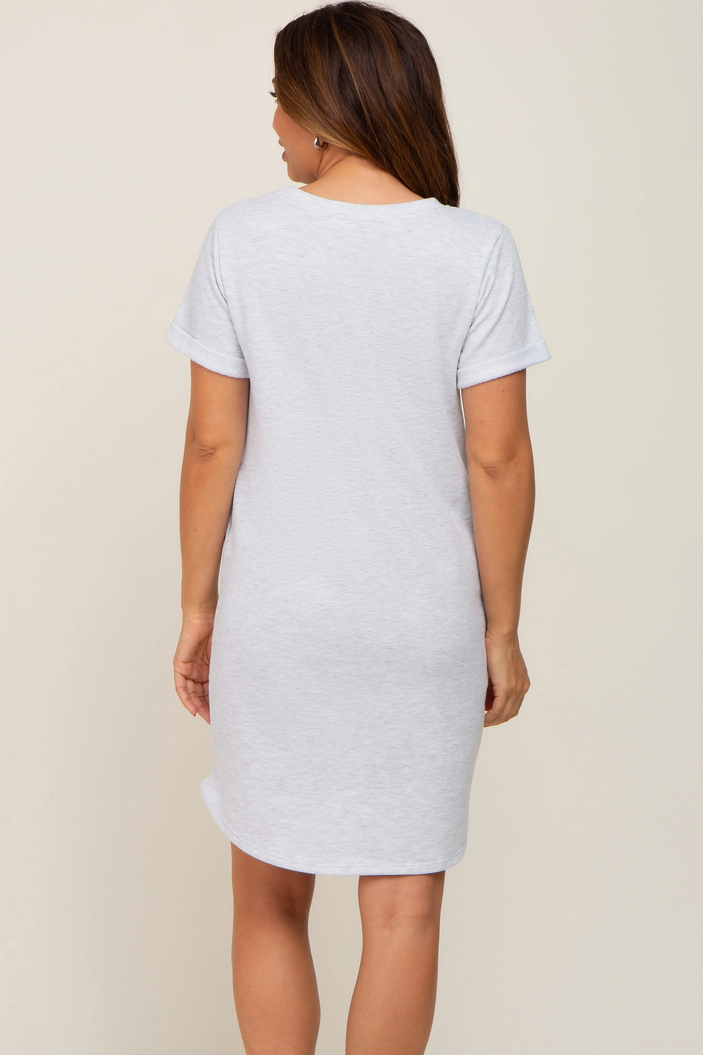 Heather Grey French Terry Cuffed Short Sleeve Maternity Dress - Image 4