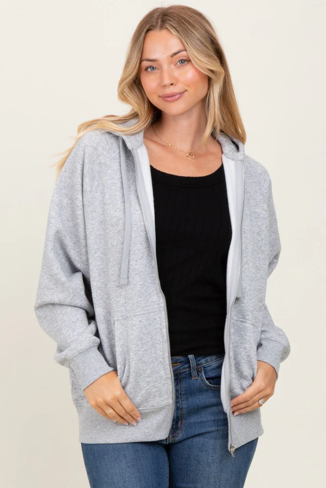 Heather Grey Front Zipper Hooded Maternity Sweater - Image 5