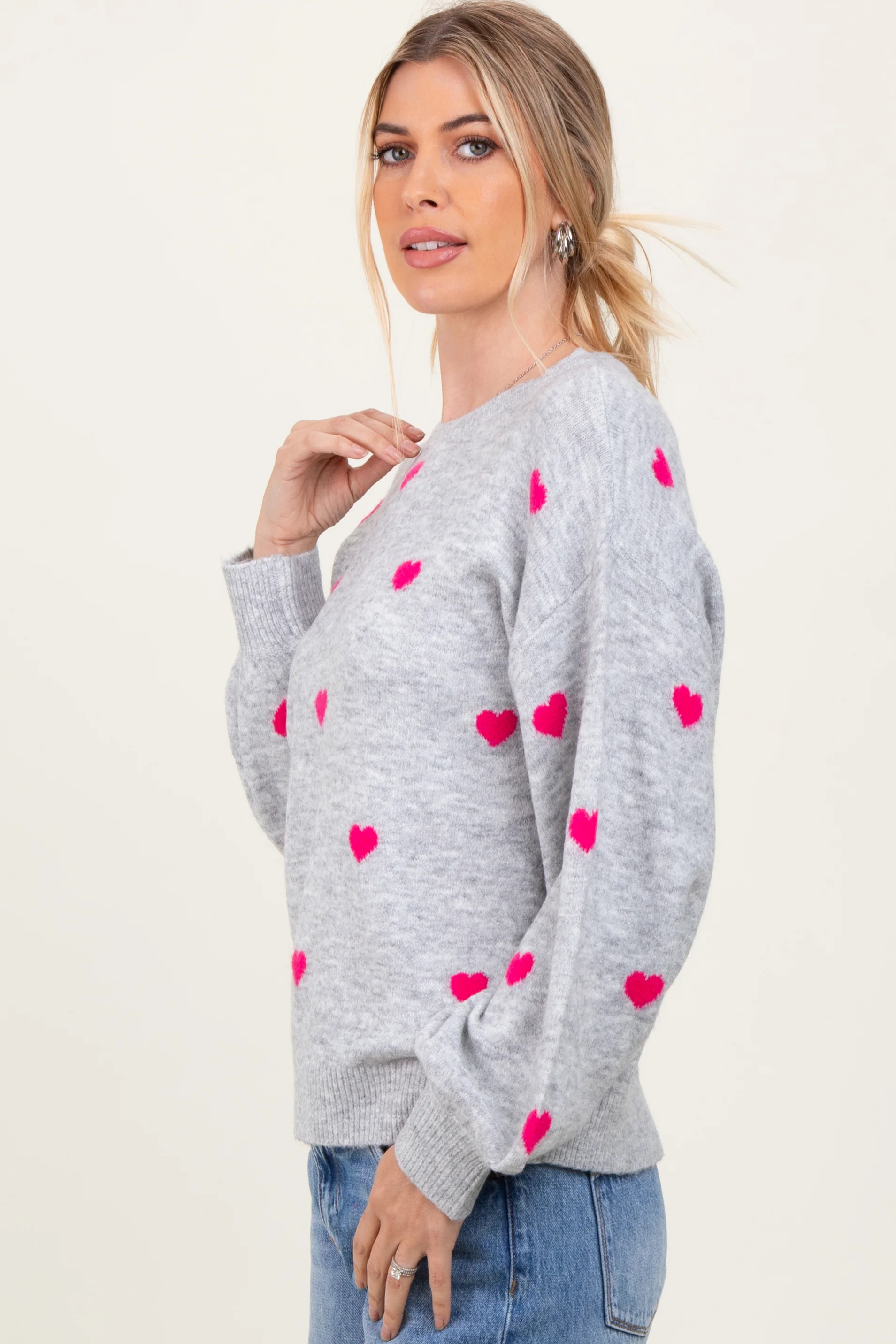 Heather Grey Heart Print Oversized Sweater - Image 3