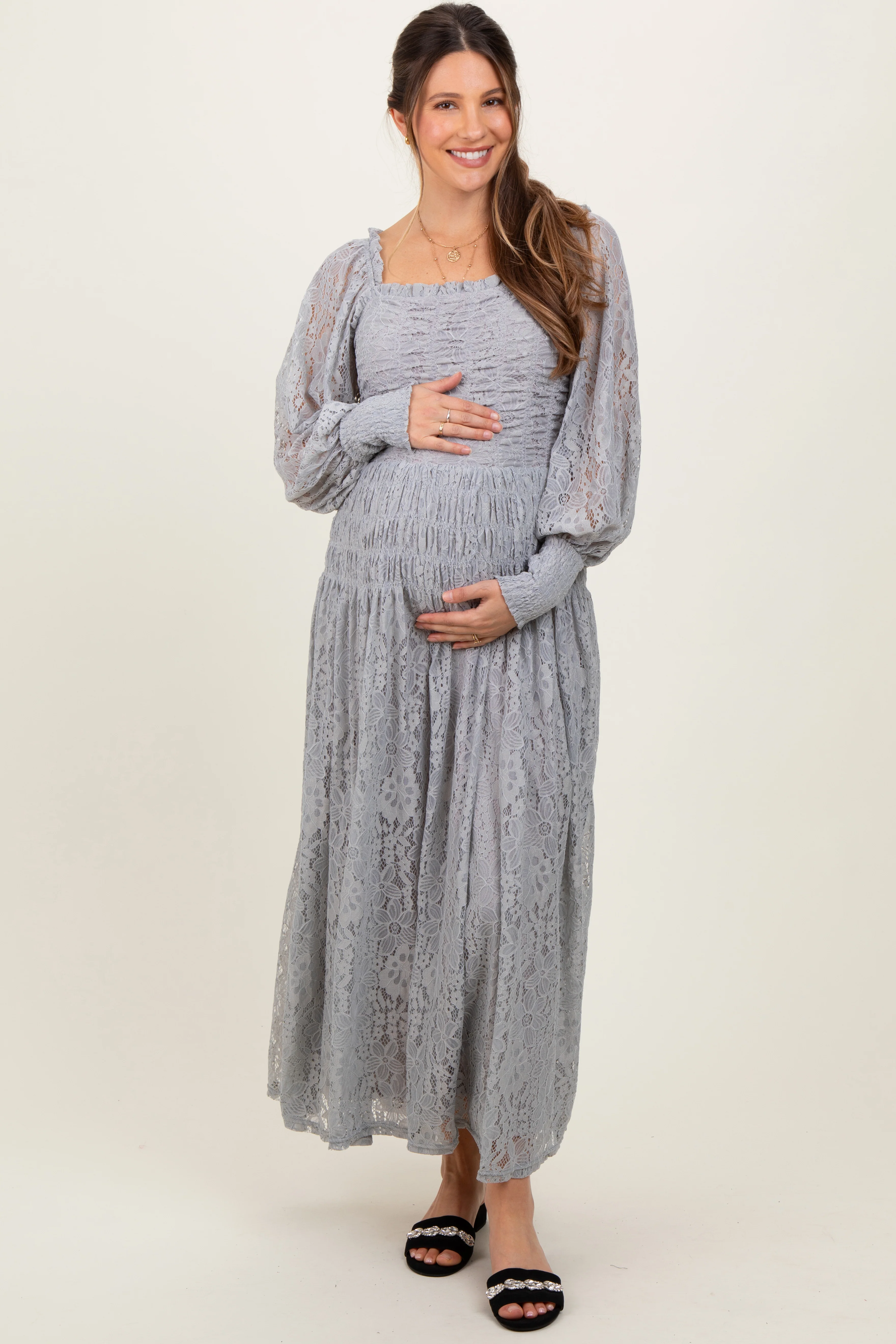 Heather Grey Lace Smocked Bubble Sleeve Maternity Maxi Dress - Image 2