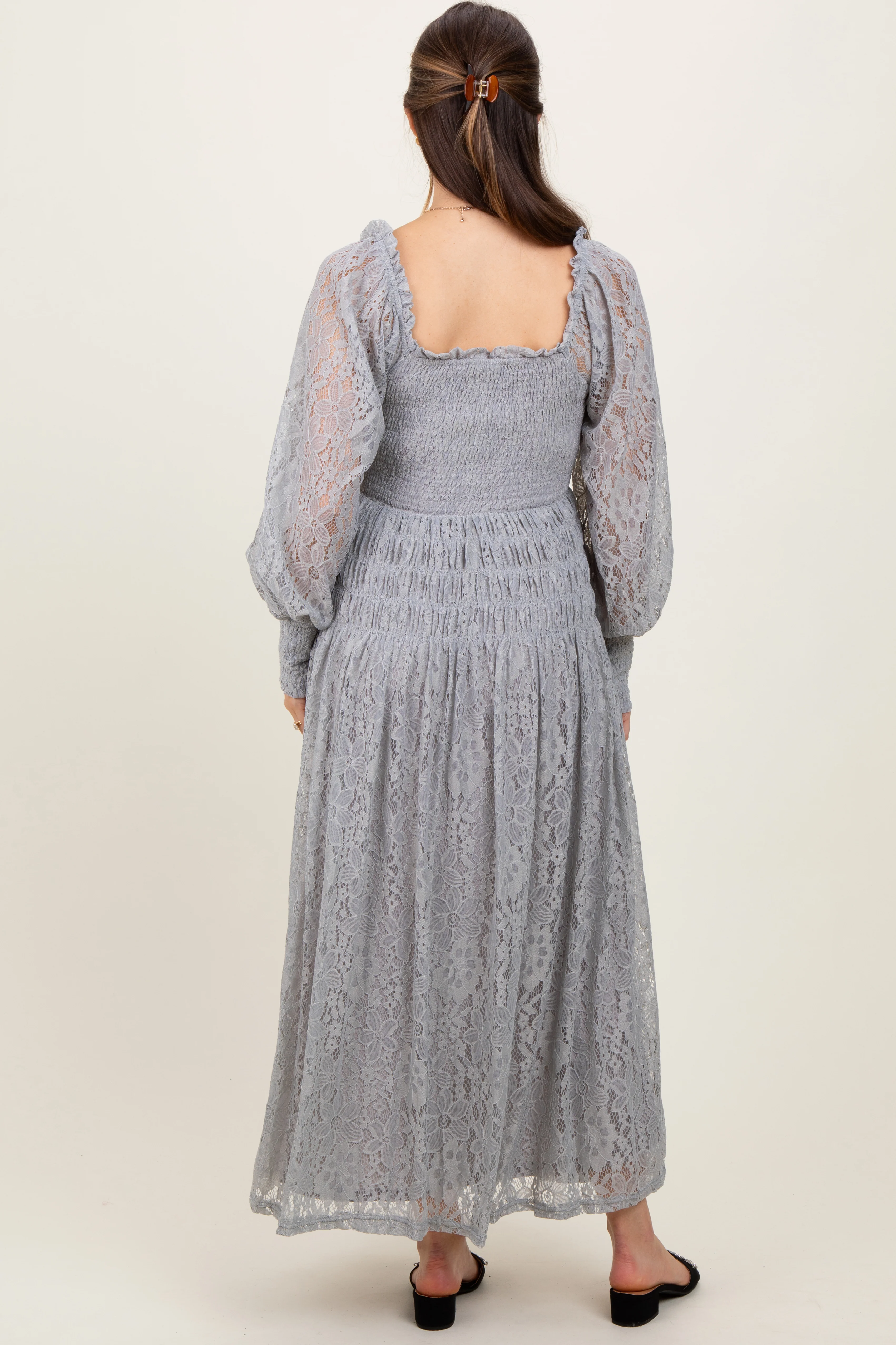 Heather Grey Lace Smocked Bubble Sleeve Maternity Maxi Dress - Image 3