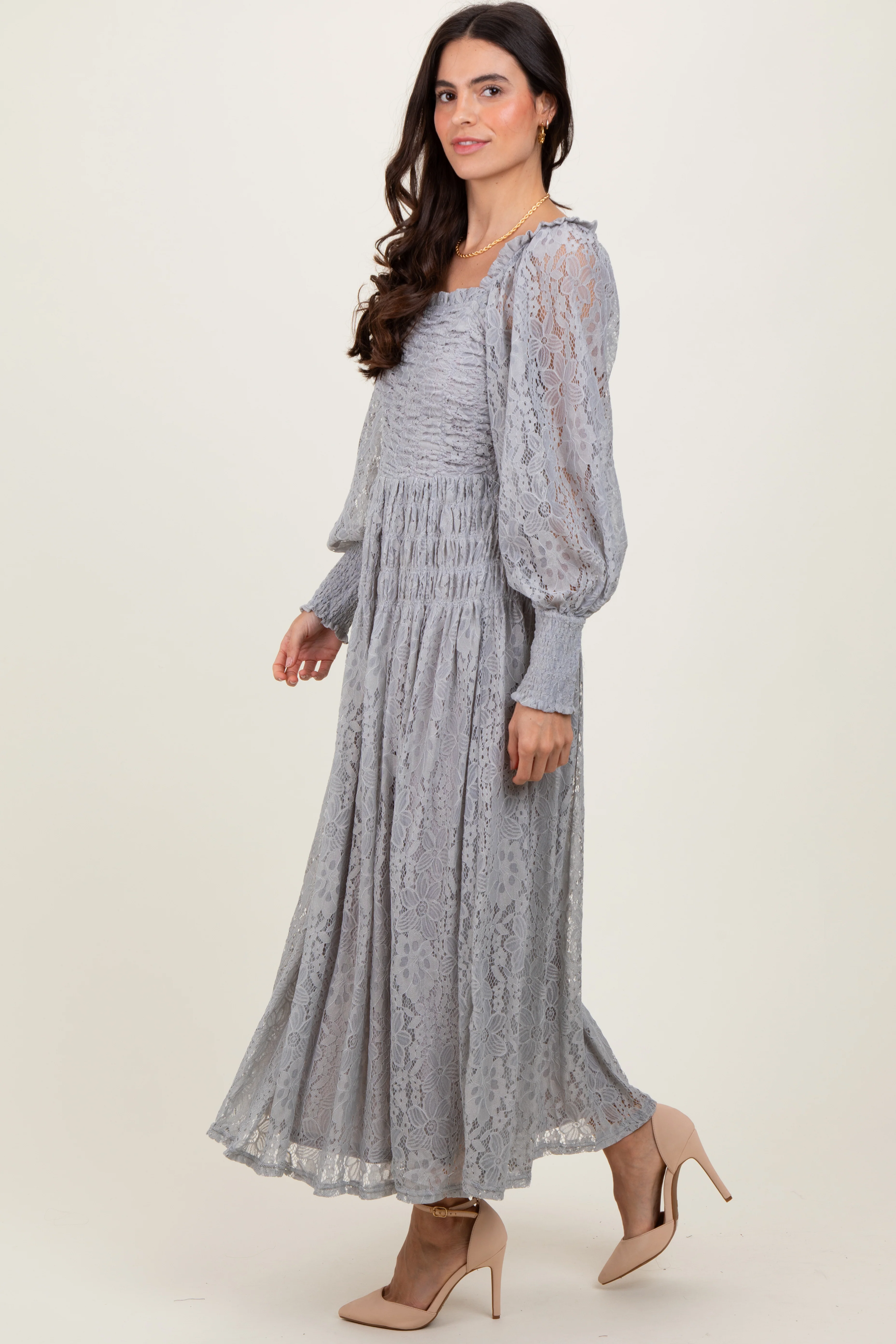 Heather Grey Lace Smocked Bubble Sleeve Maternity Maxi Dress - Image 4