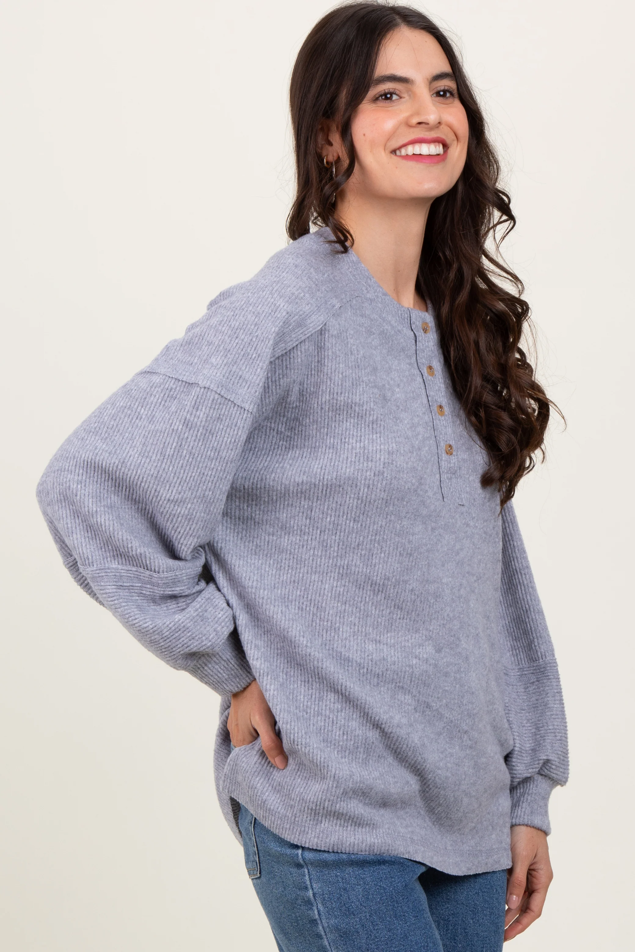 Heather Grey Oversized Ribbed Knit Henley Sweater - Image 3