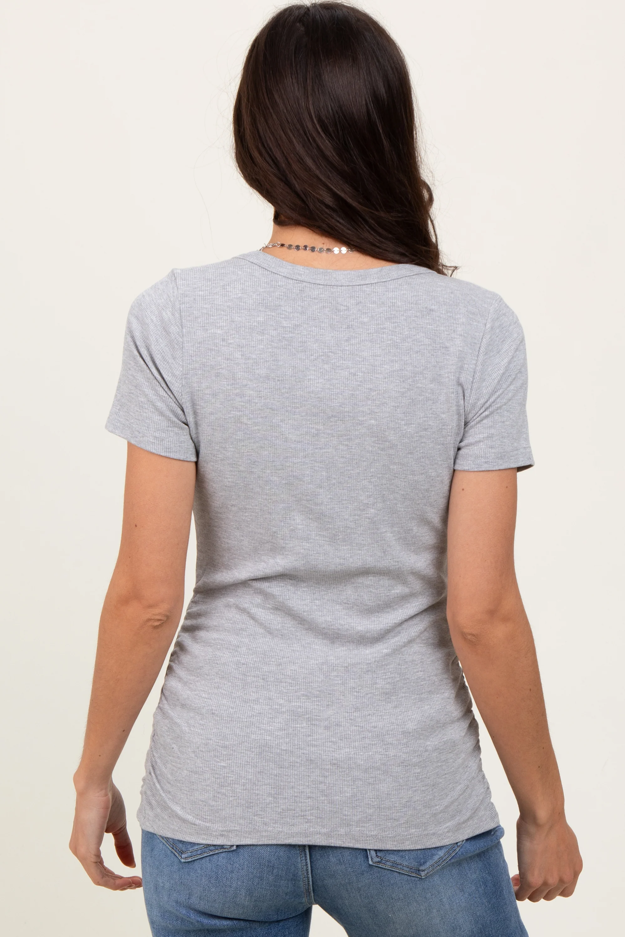 Heather Grey Ribbed Scoop Neck Short Sleeve Top - Image 4