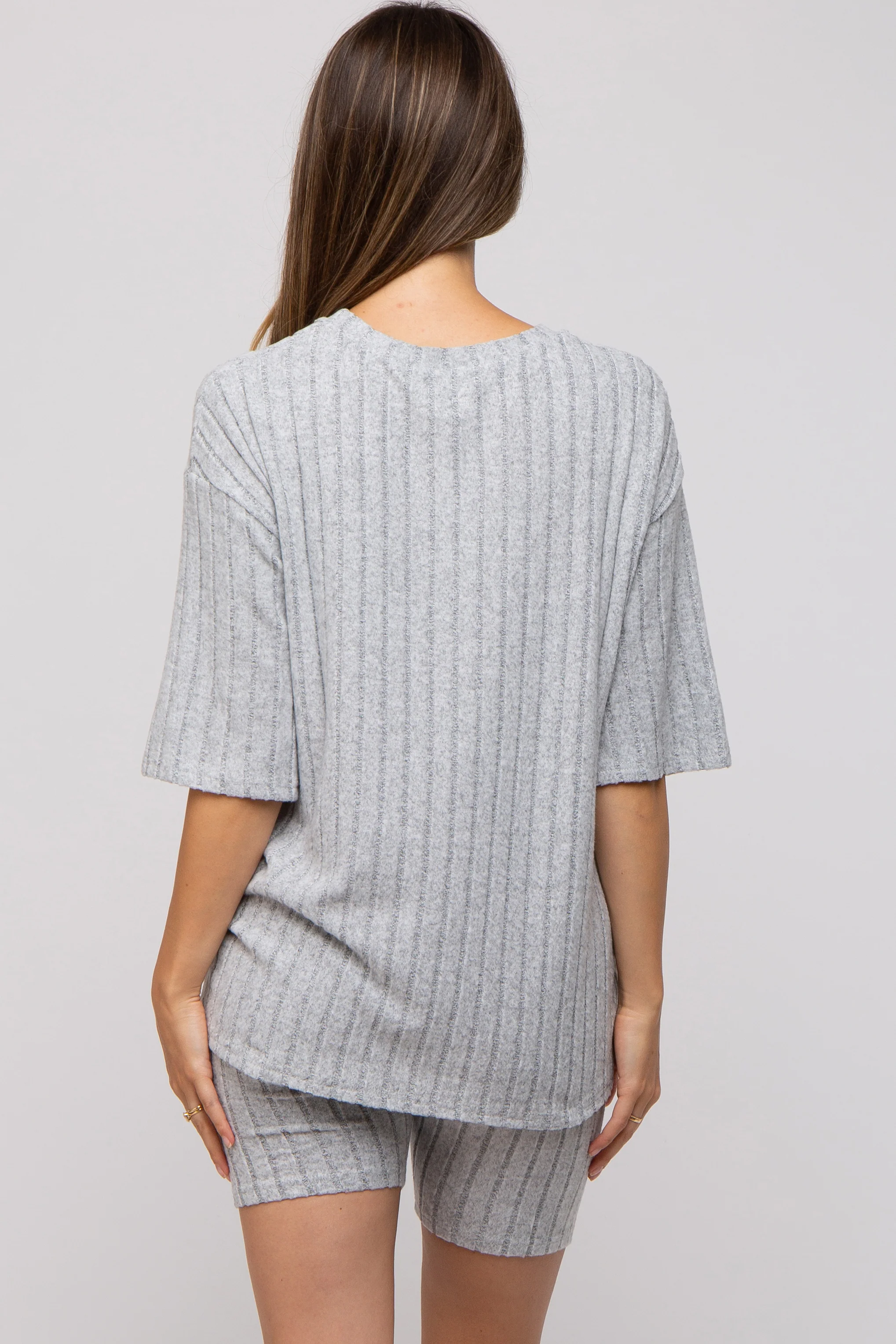 Heather Grey Ribbed Soft Short Sleeve Maternity Shorts Set - Image 4