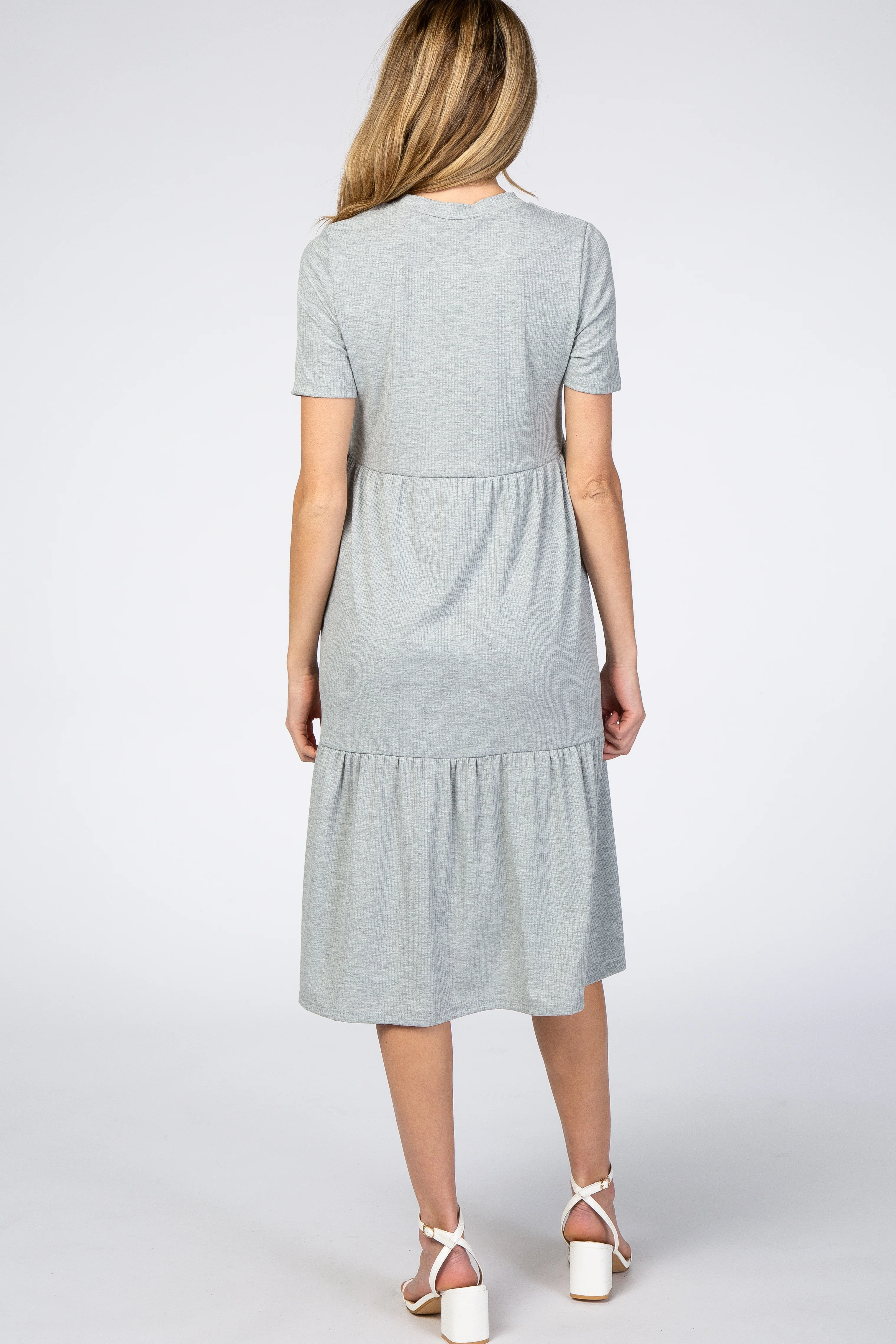 Heather Grey Ribbed Tiered Maternity Dress - Image 3