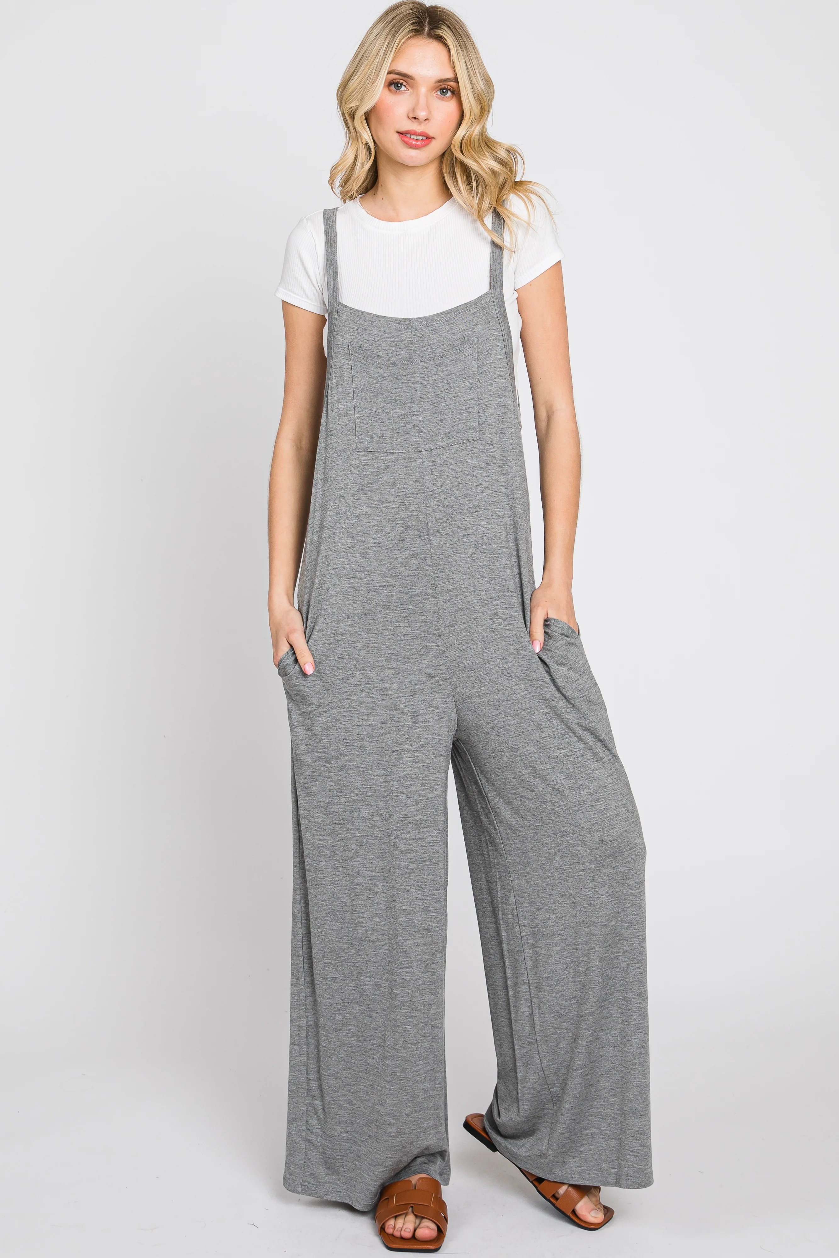 Heather Grey Sleeveless Pocketed Wide Leg Jumpsuit