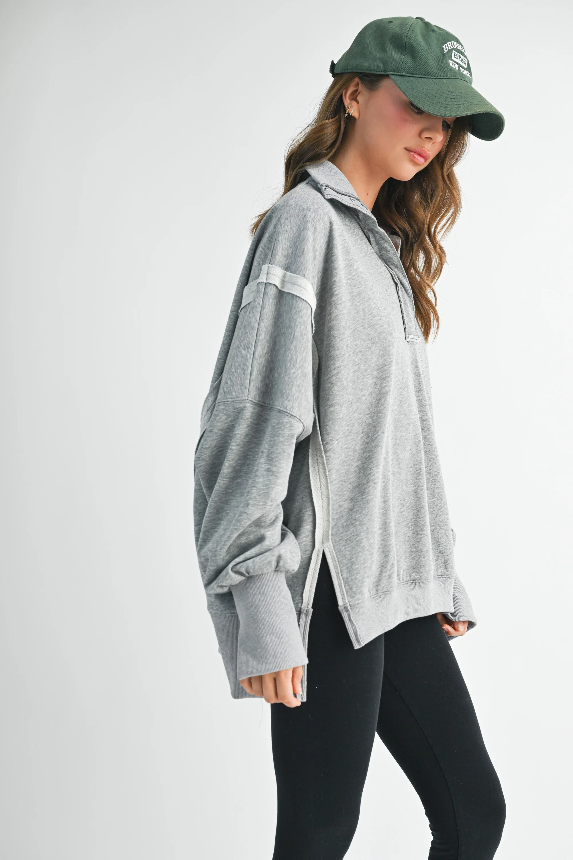 Heather Grey Snap Button Pullover Henley Sweatshirt - Image 4