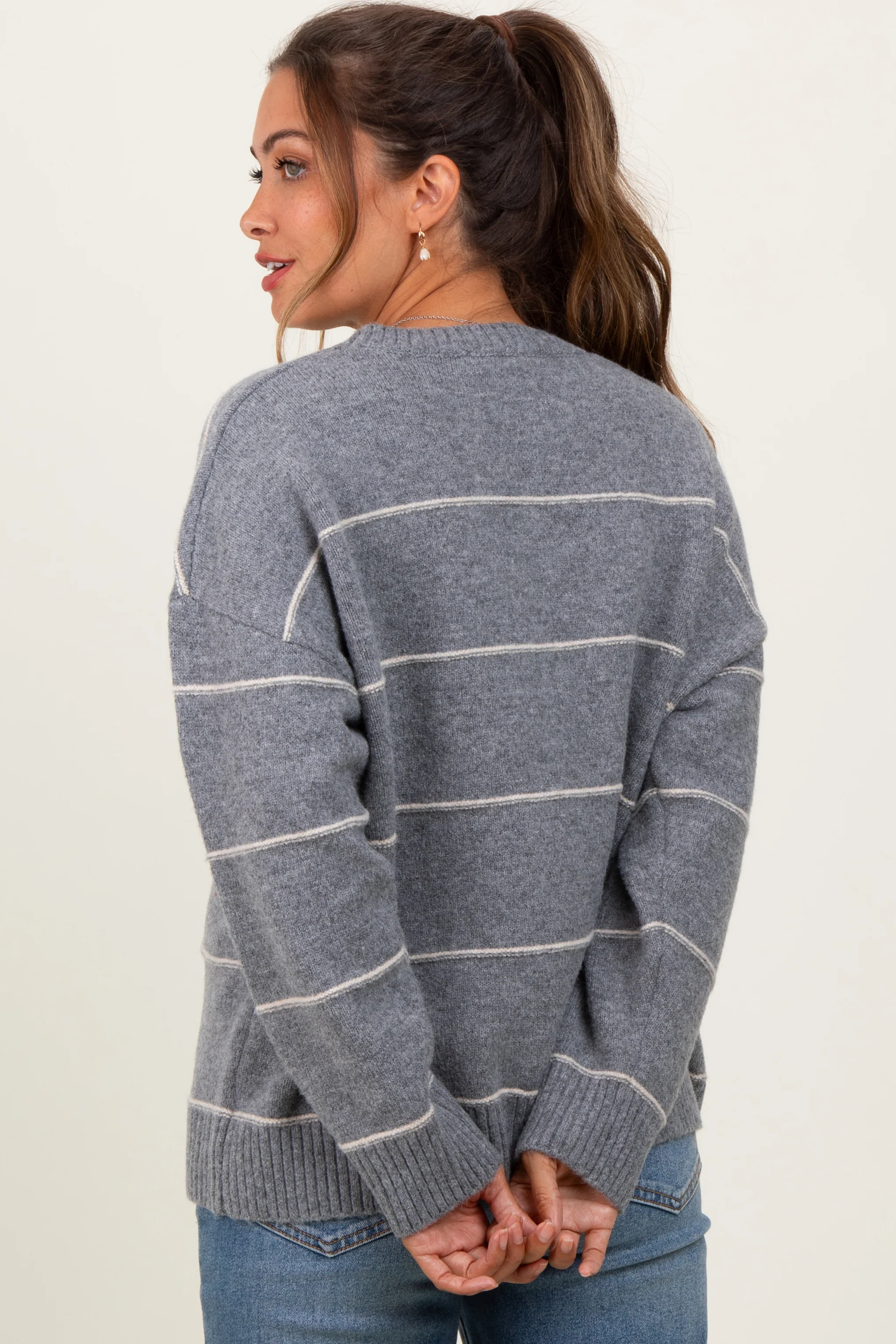 Heather Grey Striped Drop Shoulder Maternity Sweater - Image 3