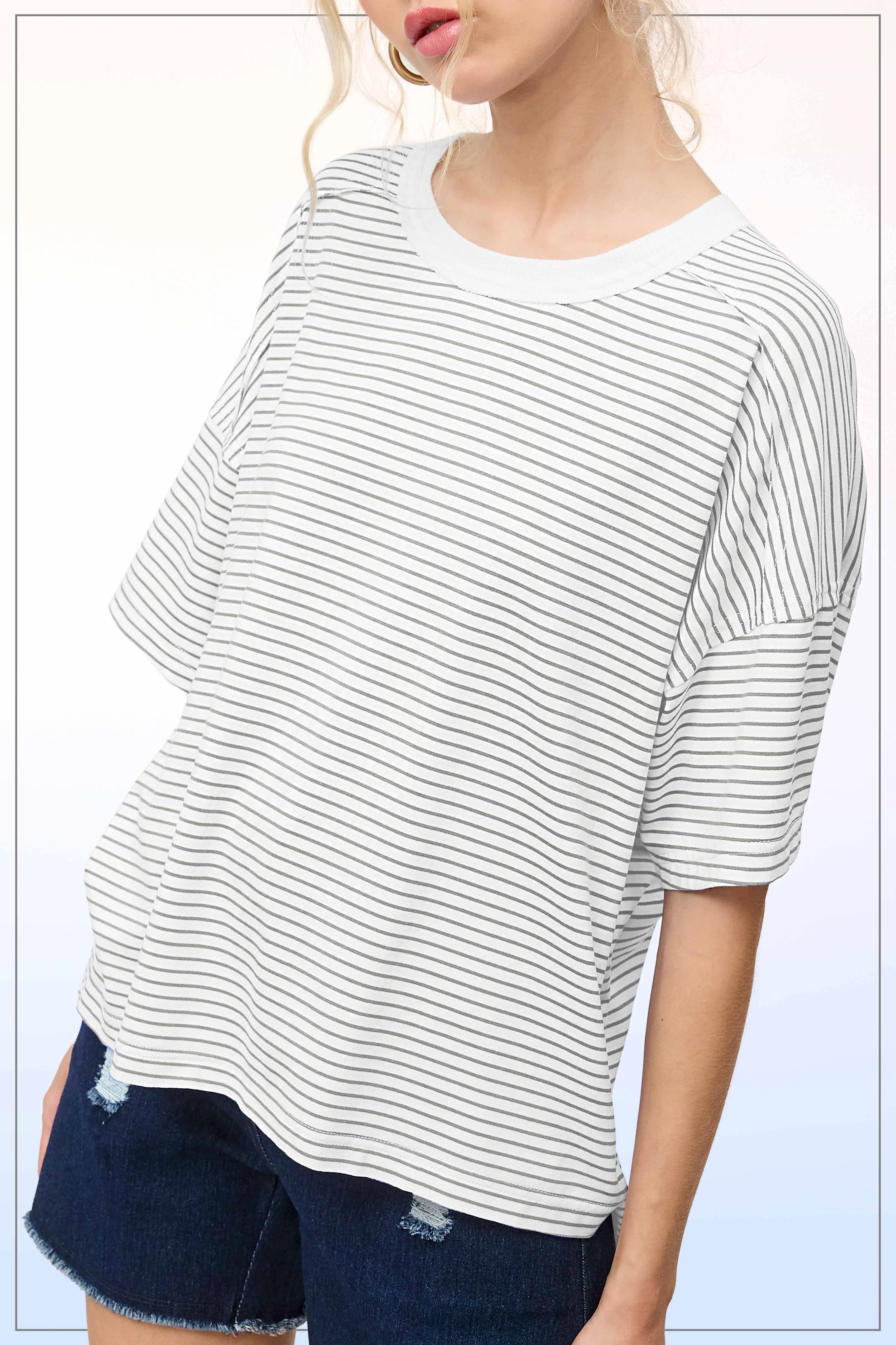 Heather Grey Striped Drop Shoulder Short Sleeve Top - Image 3