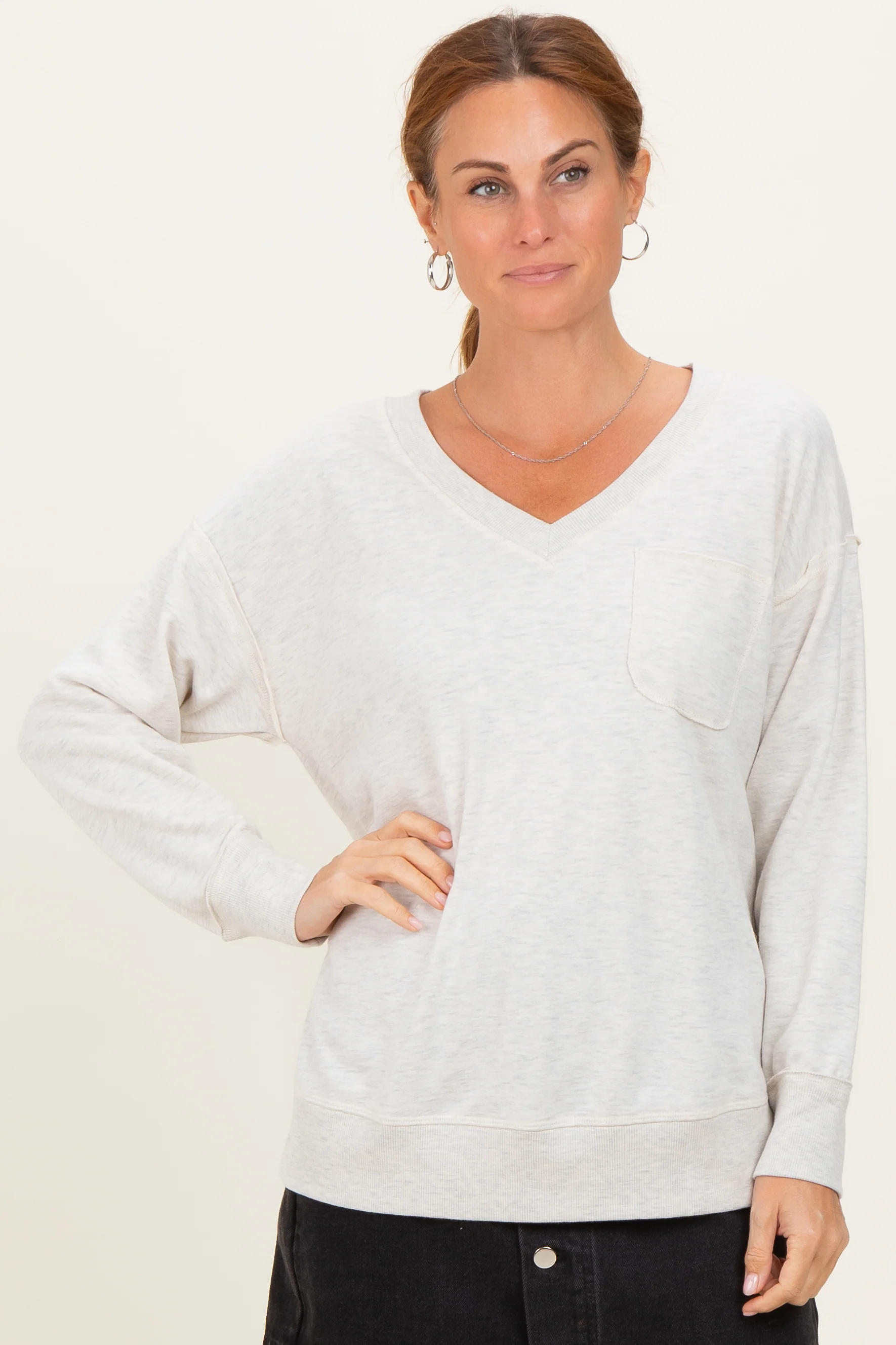 Heather Grey V-Neck Long Sleeve Pullover Top - Image 2
