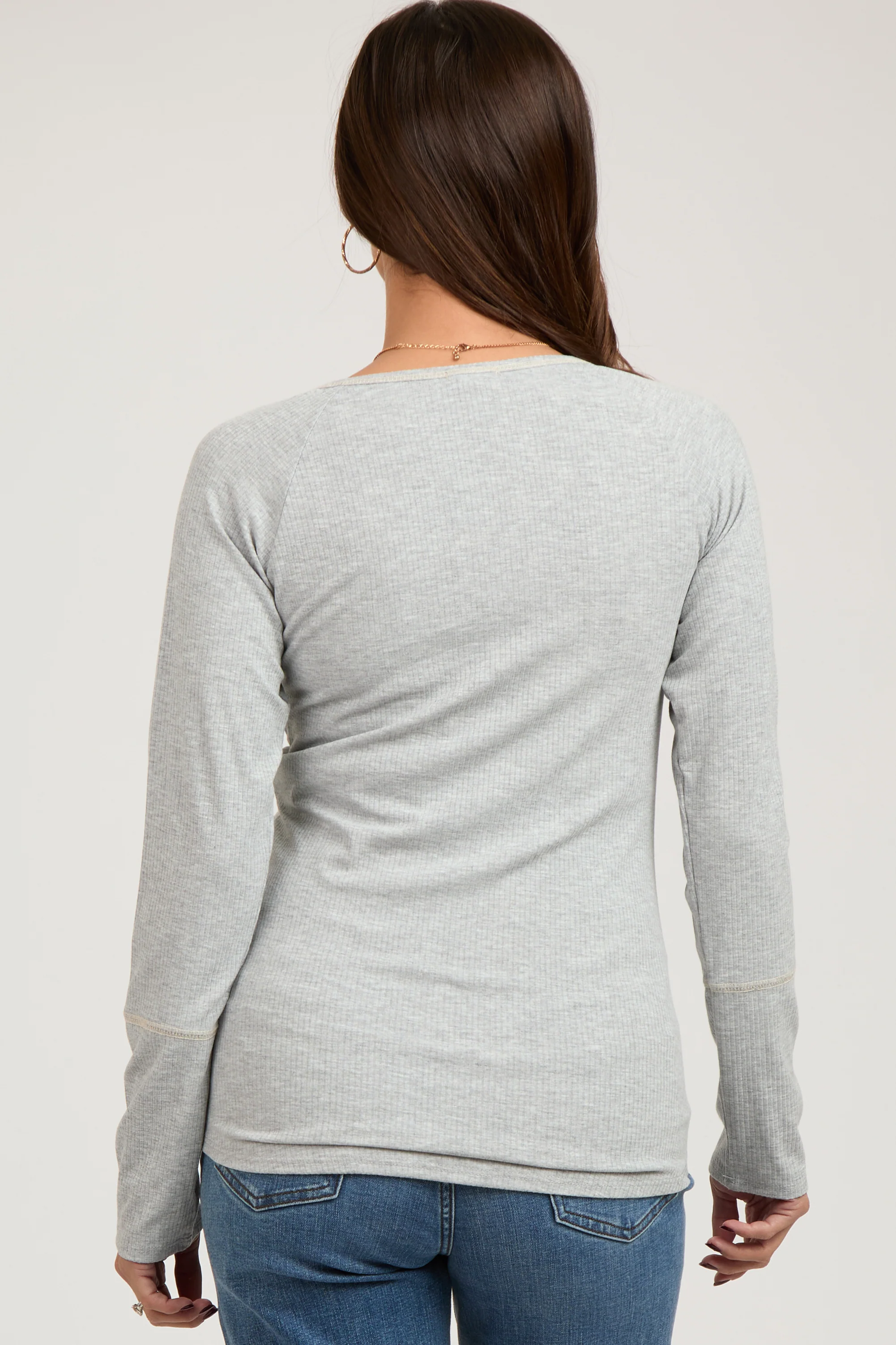 Heather Grey V-Neck Maternity Long Sleeve Shirt - Image 4