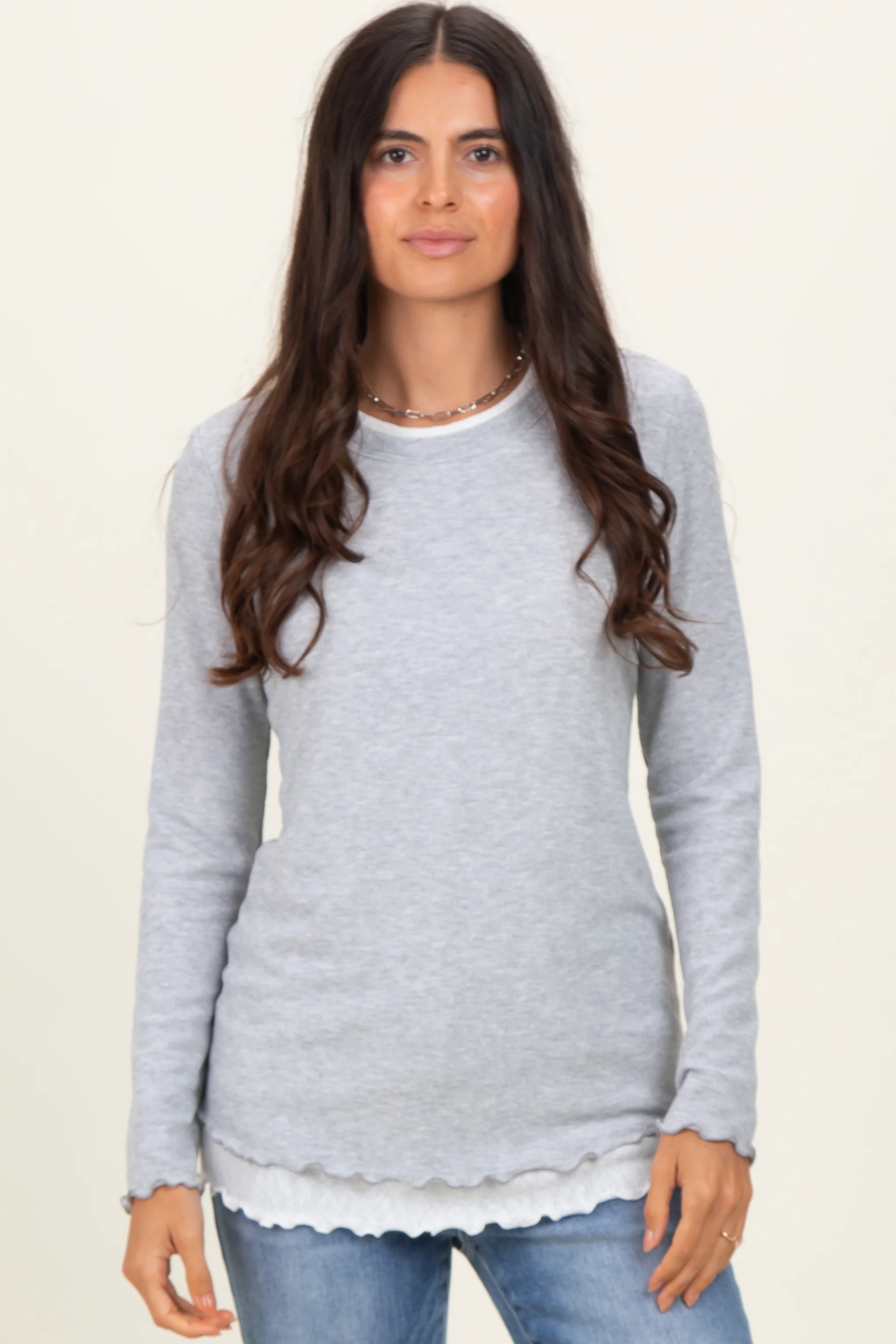 Heather Grey/White Ribbed Long Sleeve Maternity Twofer Top - Image 4
