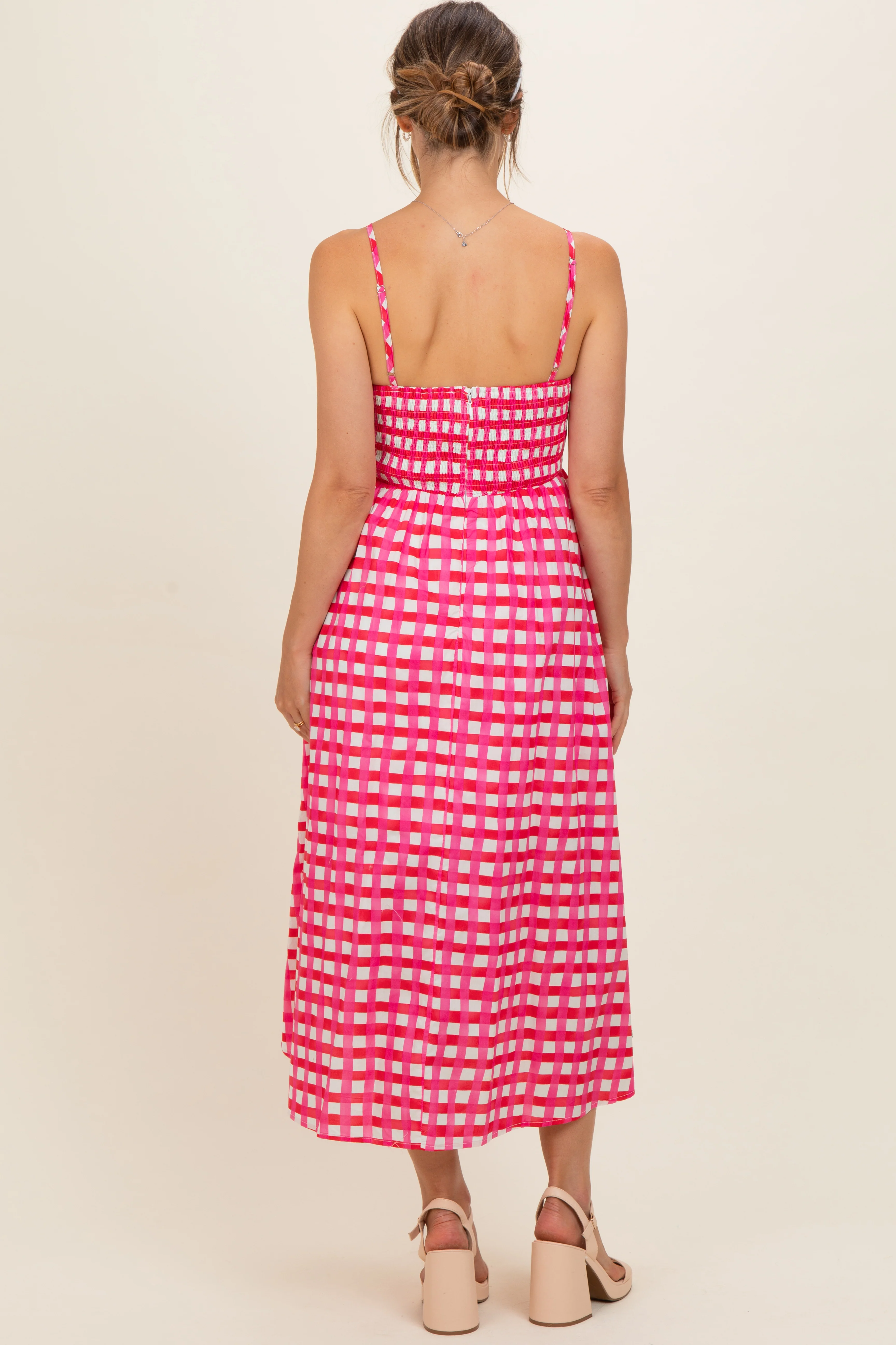 Hot Pink Gingham Maternity Midi Dress - Image 4