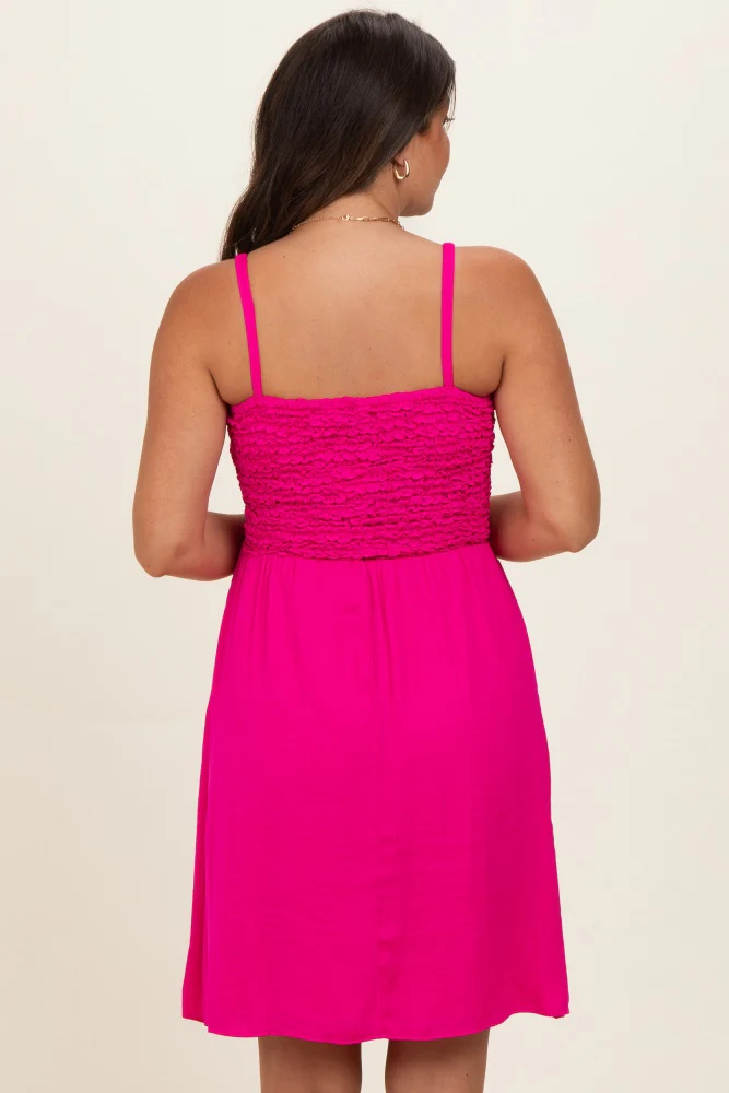 Hot Pink Knot Detail Smocked Maternity Mini Dress - Image 3