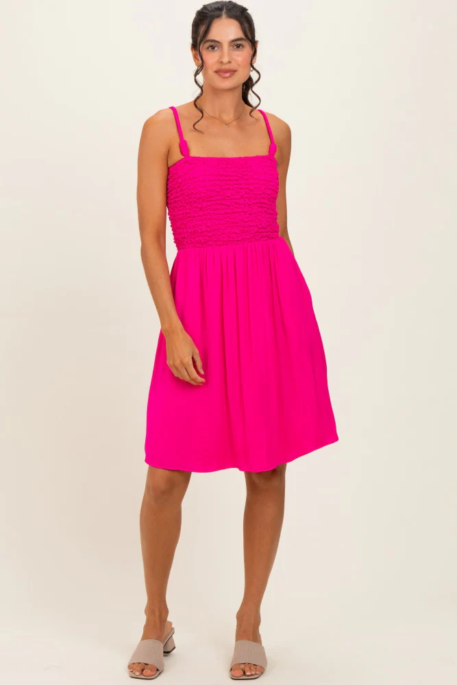 Hot Pink Knot Detail Smocked Maternity Mini Dress - Image 4
