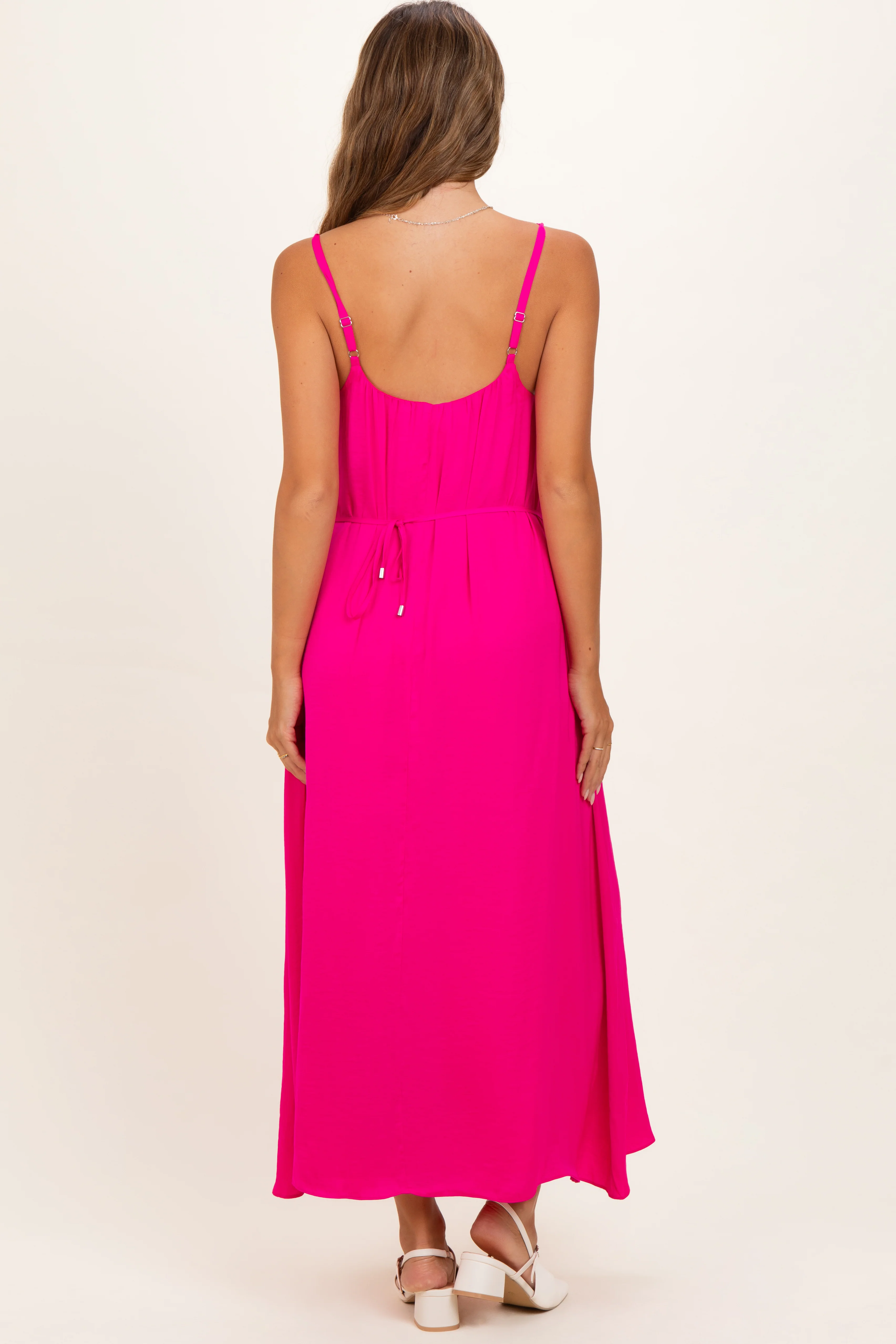 Hot Pink Sleeveless Flower Belt Maxi Dress - Image 3