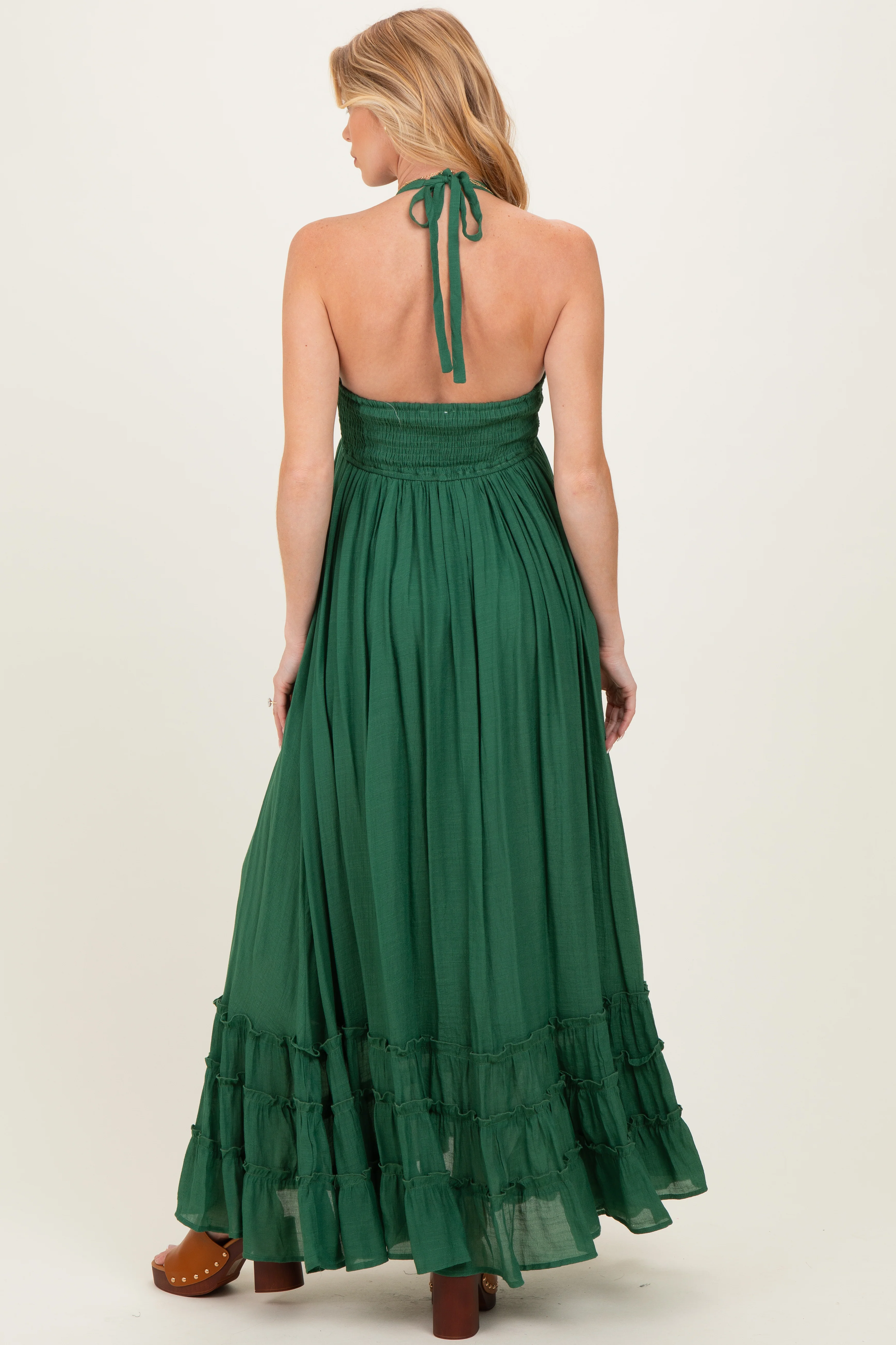 Hunter Green Halter Neck Smocked Maternity Maxi Dress - Image 3