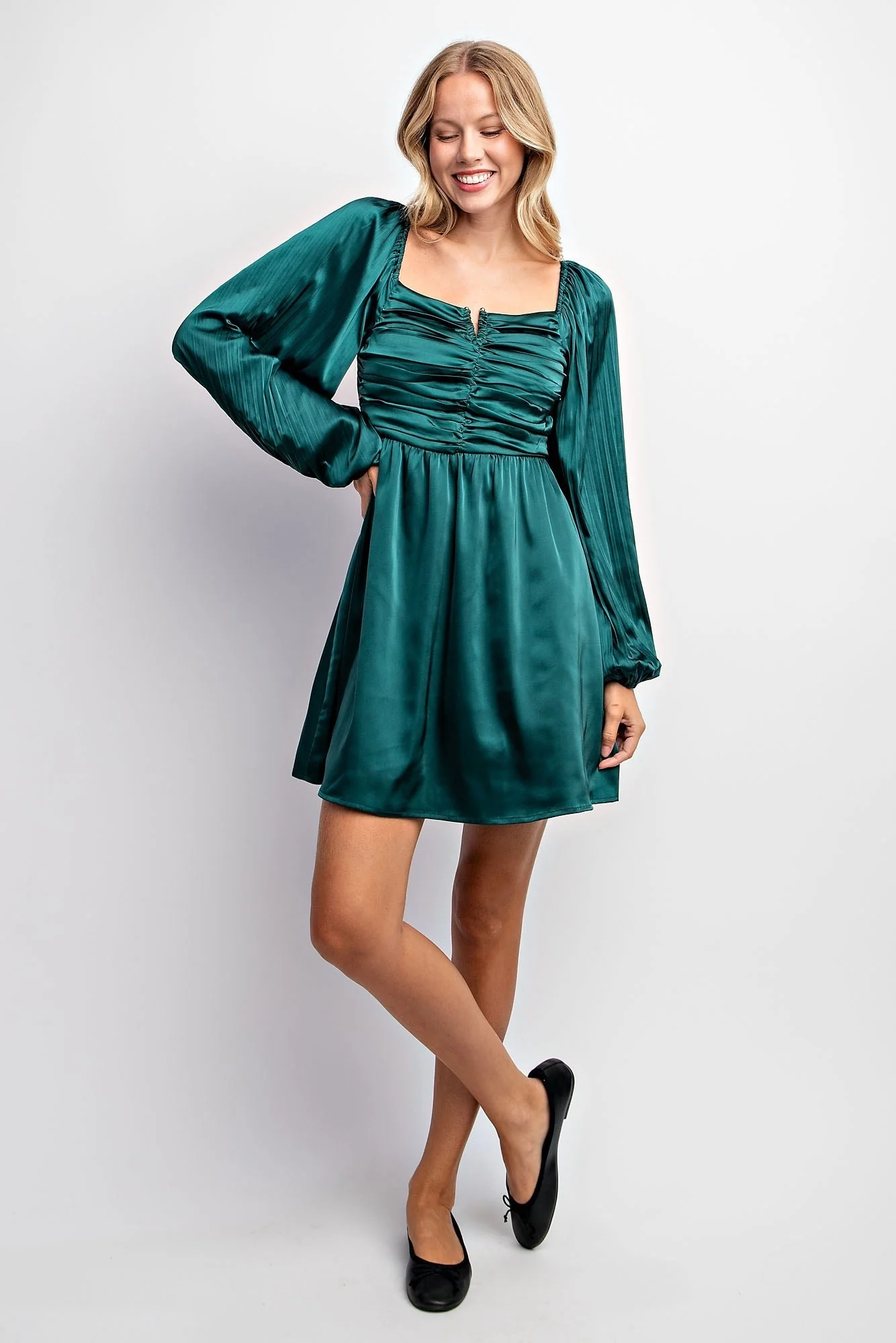 Hunter Green Pleated Bubble Sleeve Satin Mini Dress - Image 3