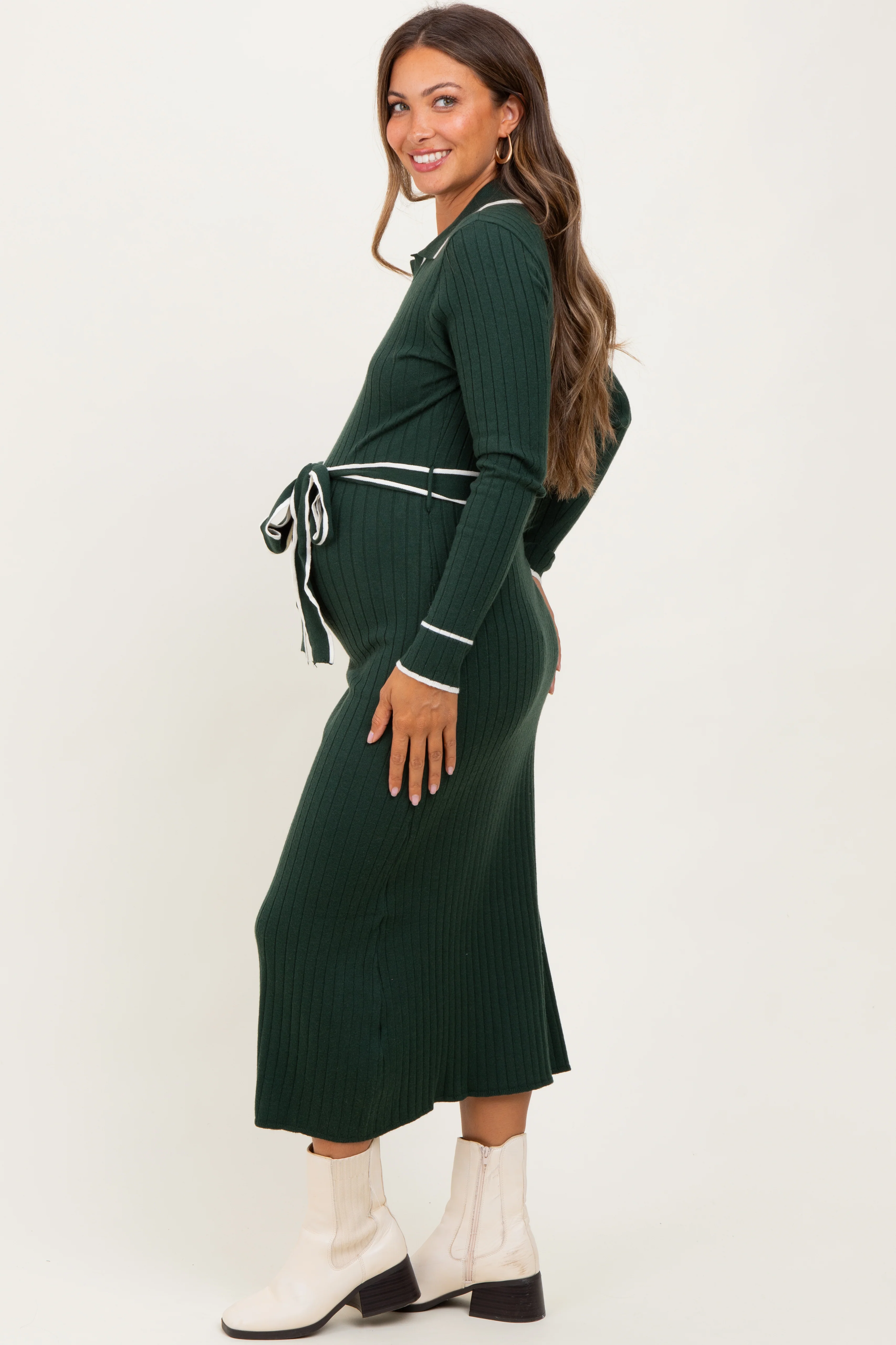 Hunter Green Soft Stretchy Rib Fitted Maternity Sweater Midi Dress - Image 3