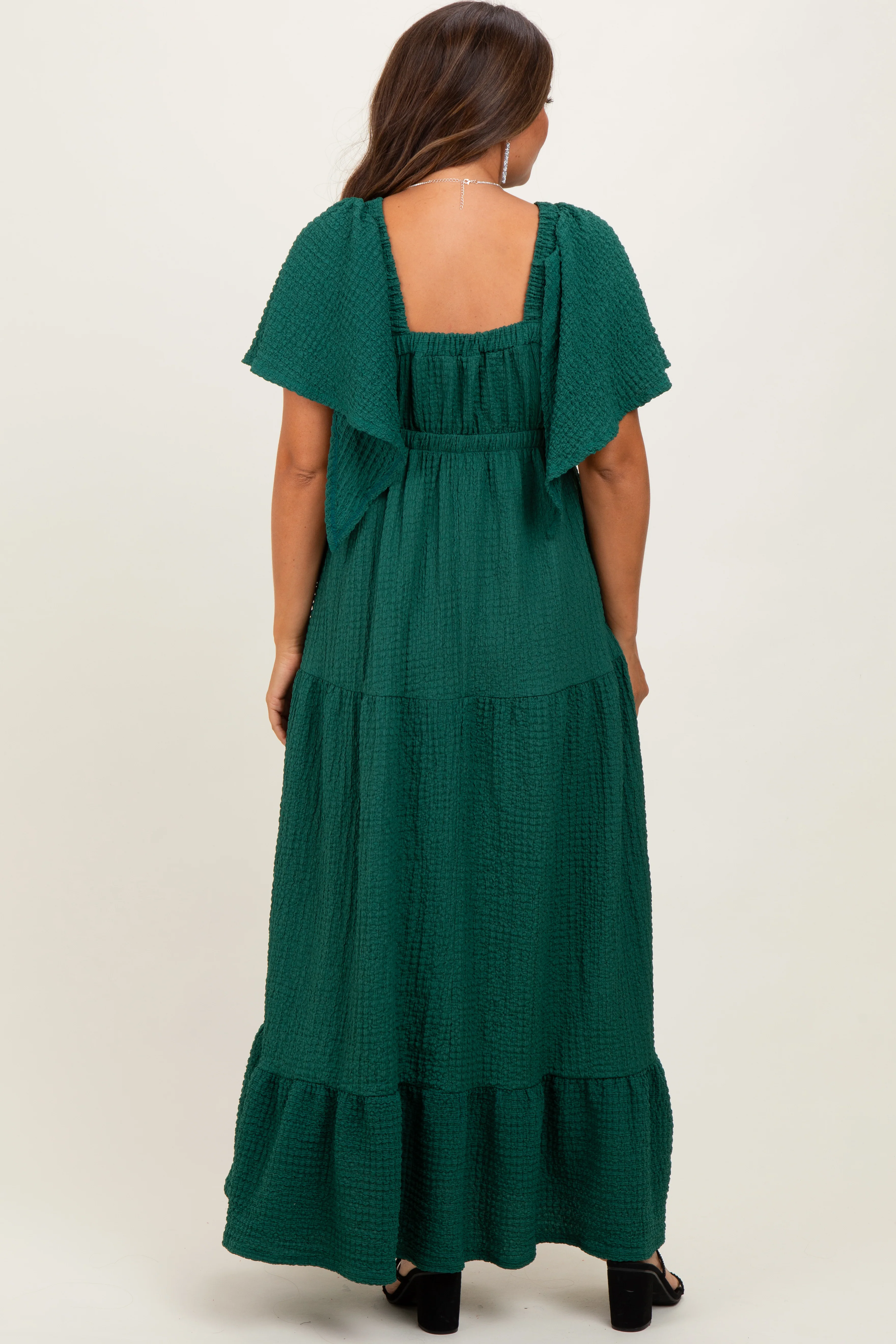 Hunter Green Woven Textured Flutter Sleeve V-Neck Tiered Maternity Maxi Dress - Image 4