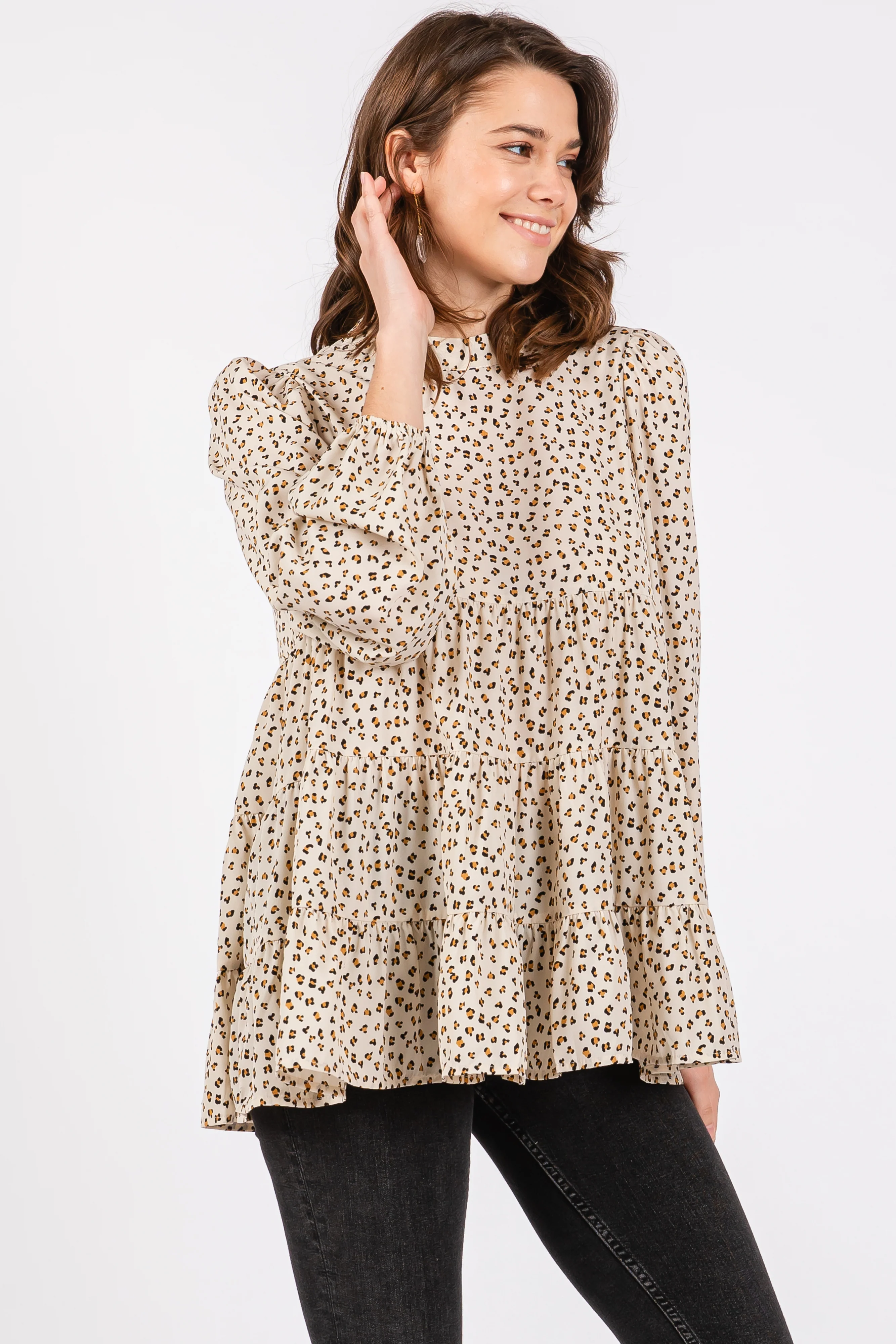 Ivory Animal Print Mock Neck Tiered Maternity Top - Image 4