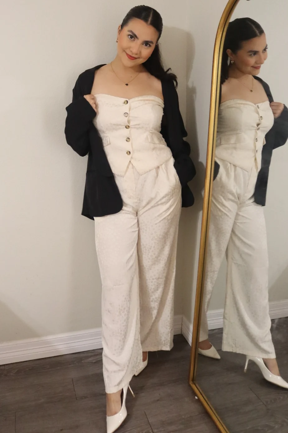 Ivory Beige Tube Vest And High Waisted Satin Long Pants Set - Image 5