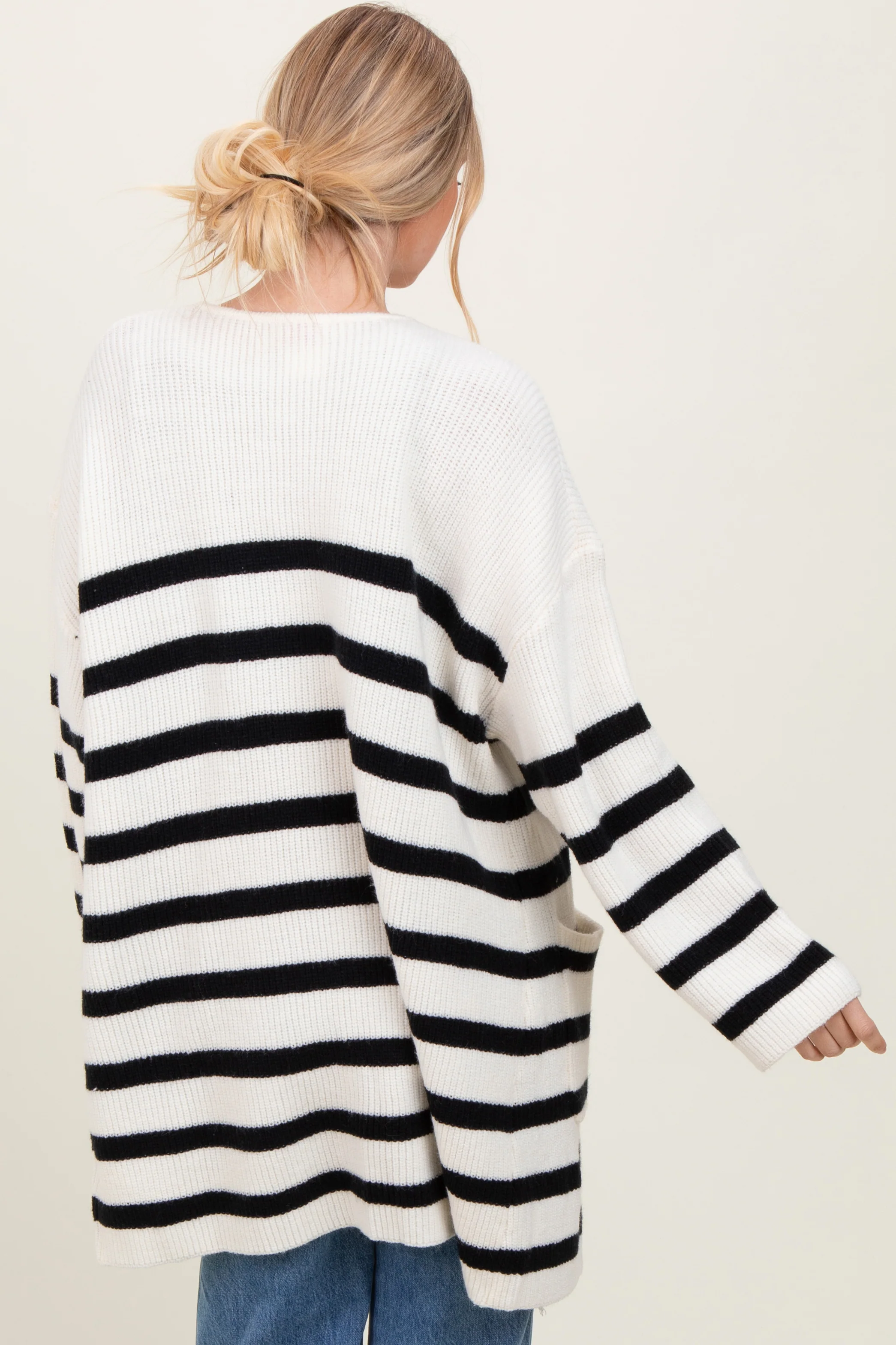 Ivory Black Knit Striped Long Cardigan - Image 4