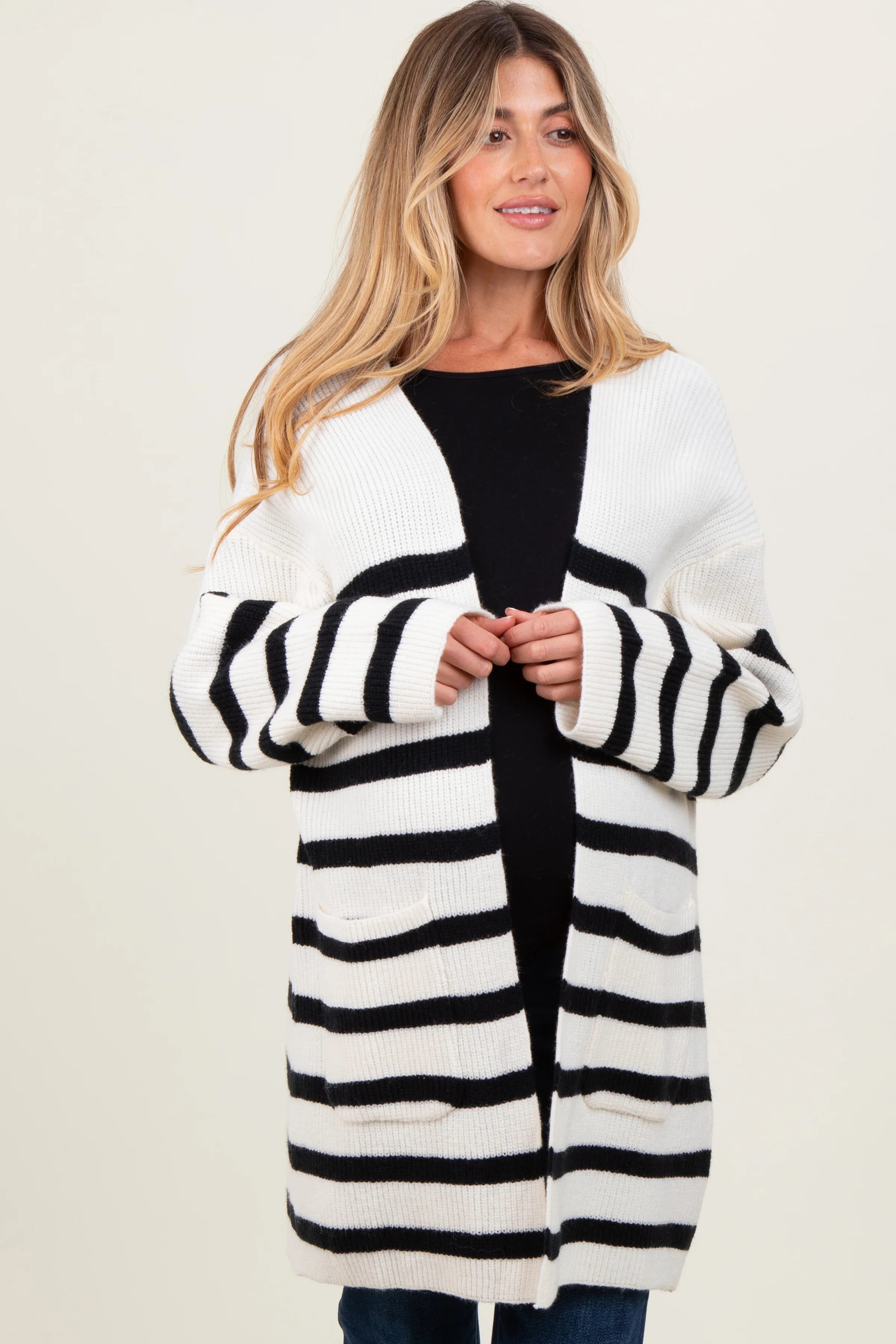 Ivory Black Knit Striped Long Maternity Cardigan - Image 2