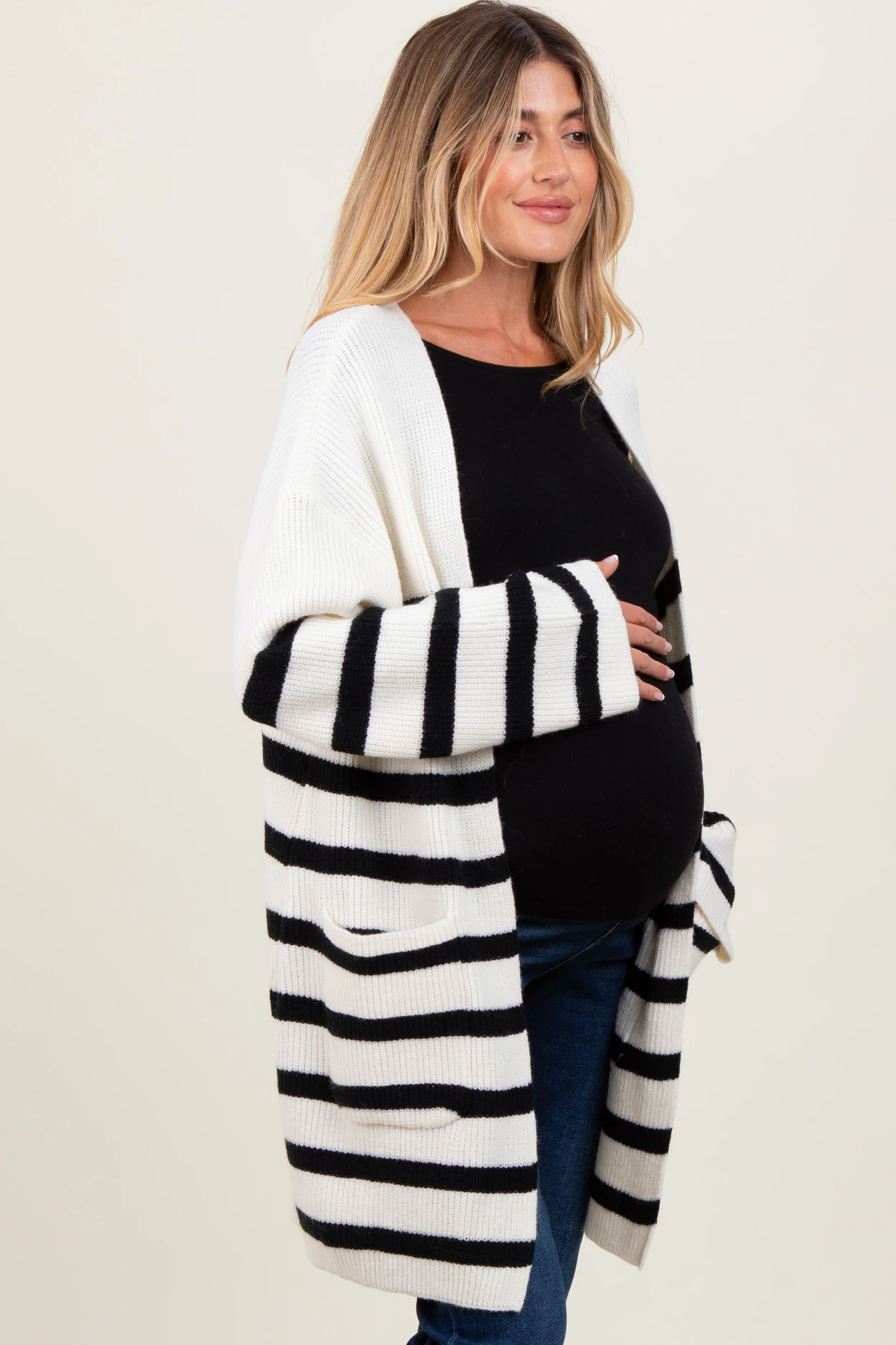 Ivory Black Knit Striped Long Maternity Cardigan - Image 3
