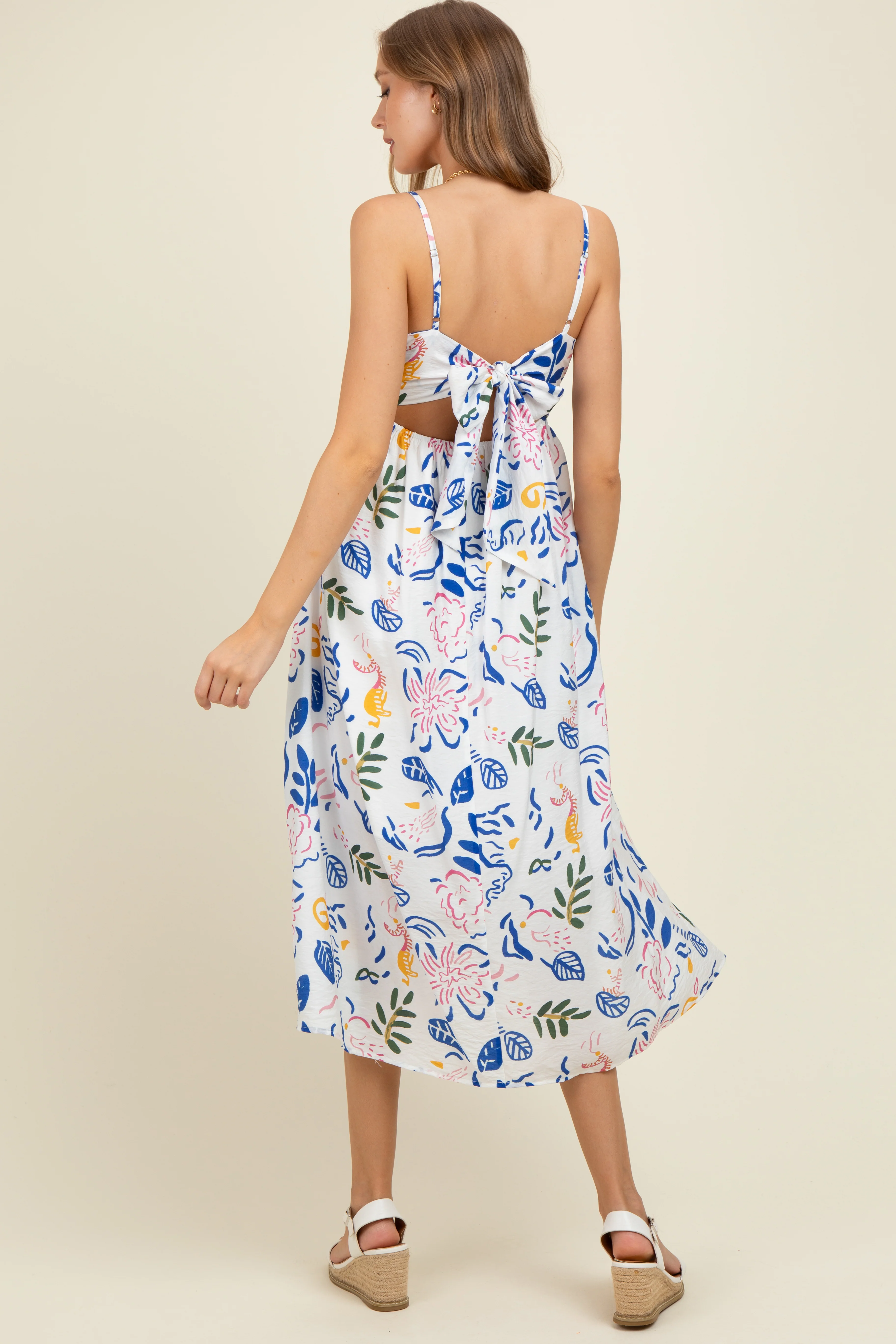 Ivory/Blue Leaf Printed Contrast Piping Detail Maternity Midi Dress - Image 5